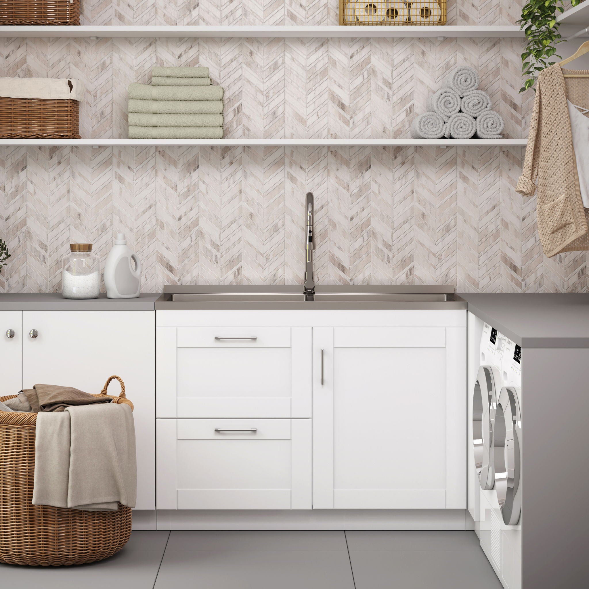 Shaker - Modern Wide Laundry Cabinet With Faucet And Sink - White