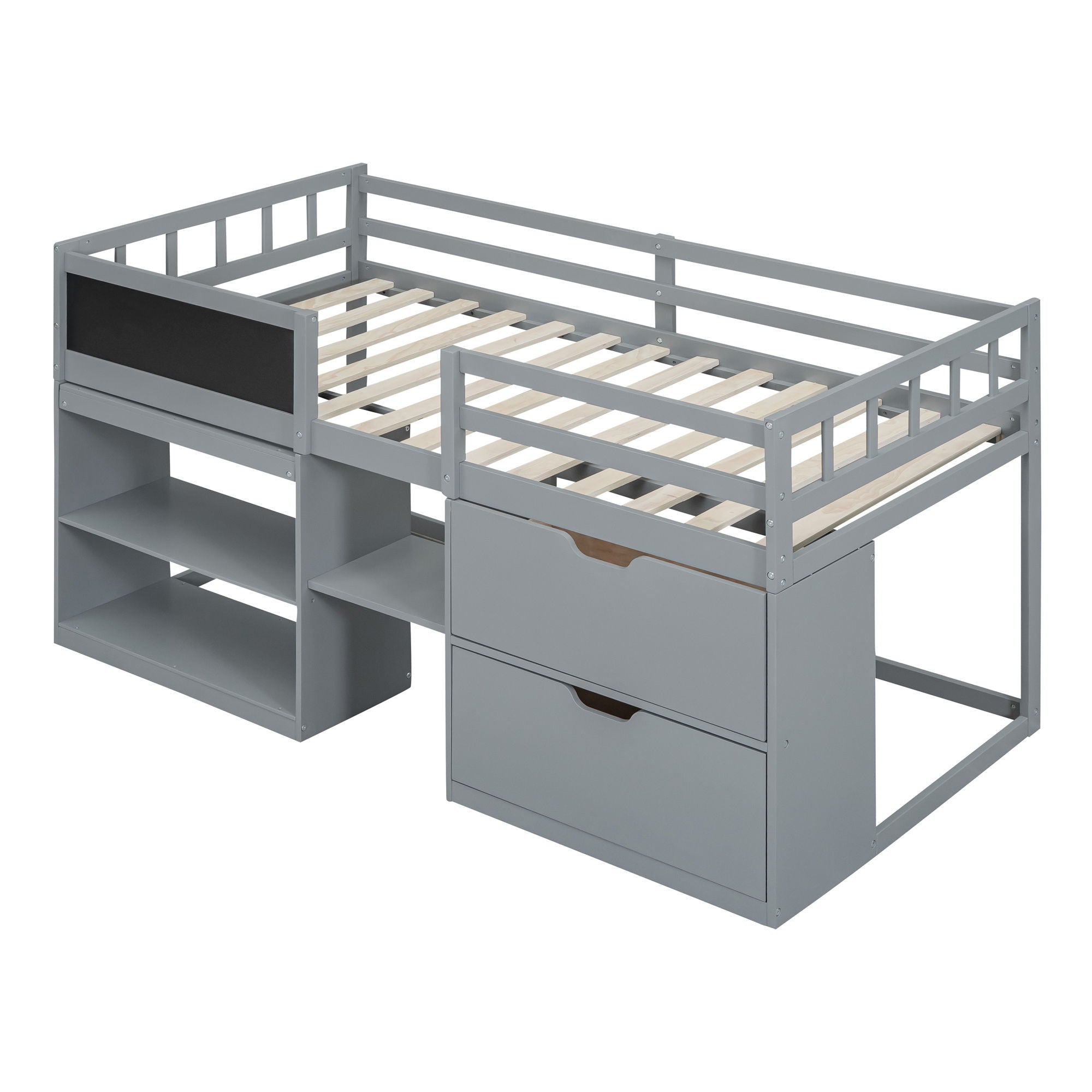 Low Loft Bed With Rolling Desk, Shelf And Drawers