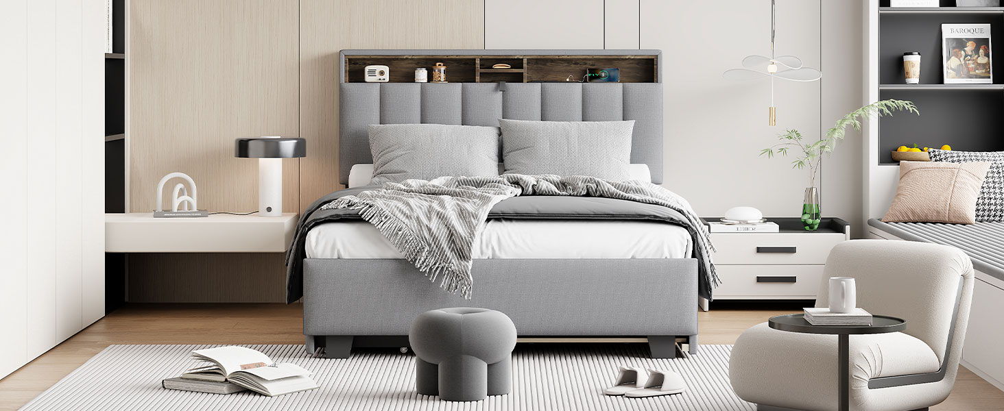 Upholstered Platform Bed With Storage Headboard, Trundle & 2 Drawers And A Set Of Sockets & USB Ports