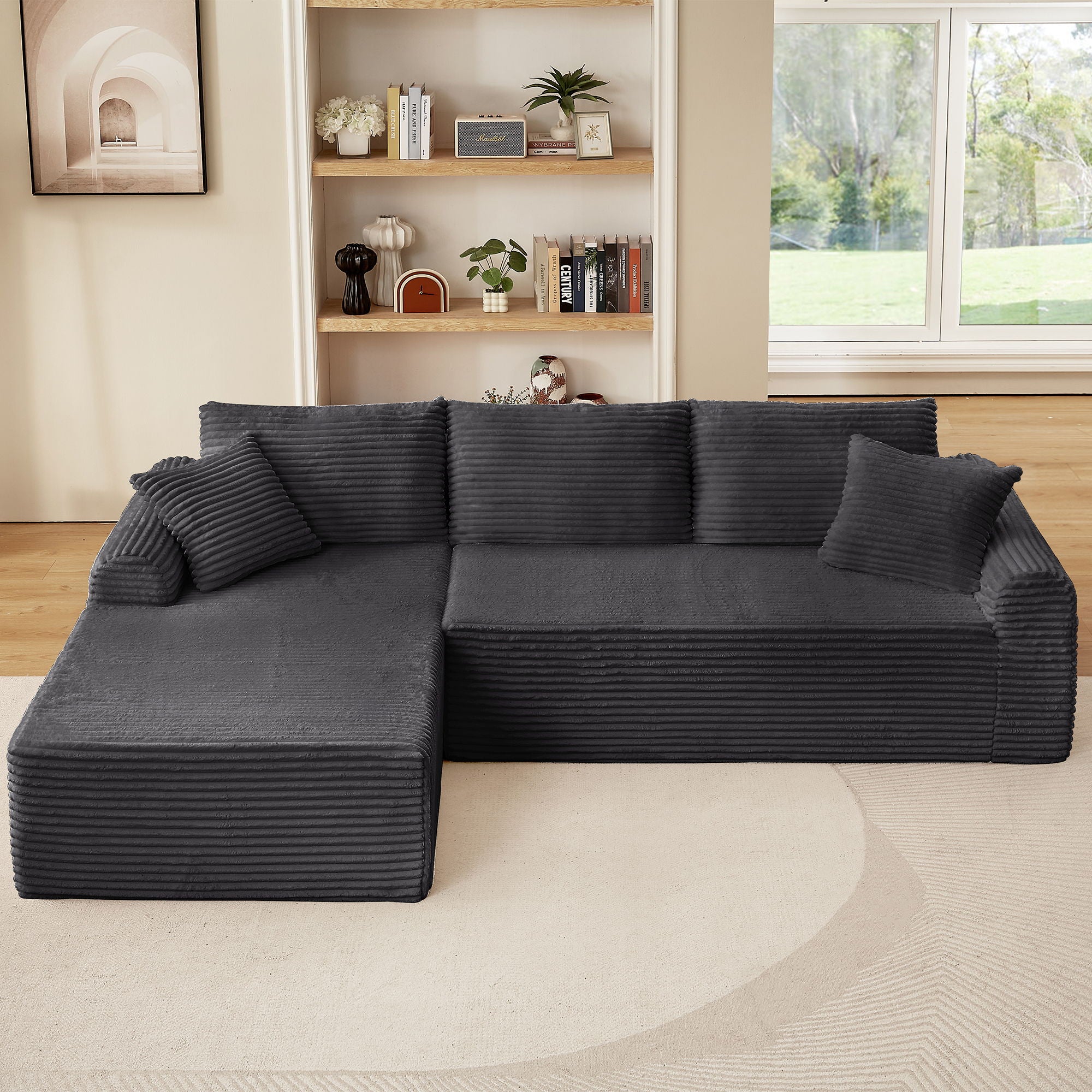 Modular Sectional With Arched Armrests, Includes 3 Back Cushions & 2 Throw Pillows