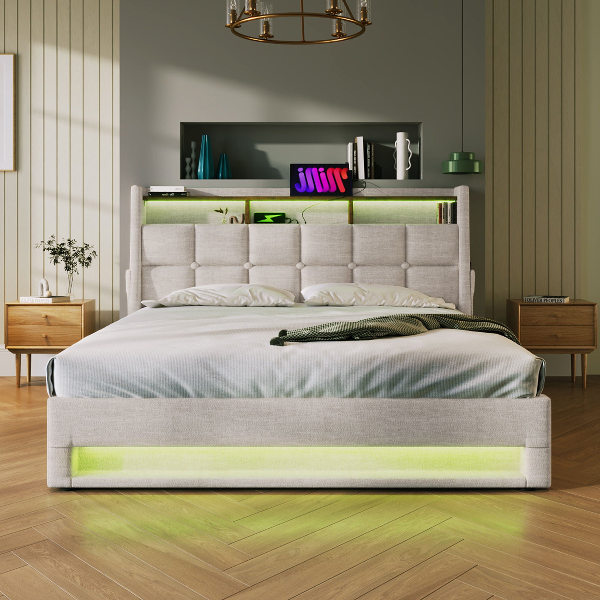 Platform Bed With Hydraulic Storage, LED Lighting & Charging Station