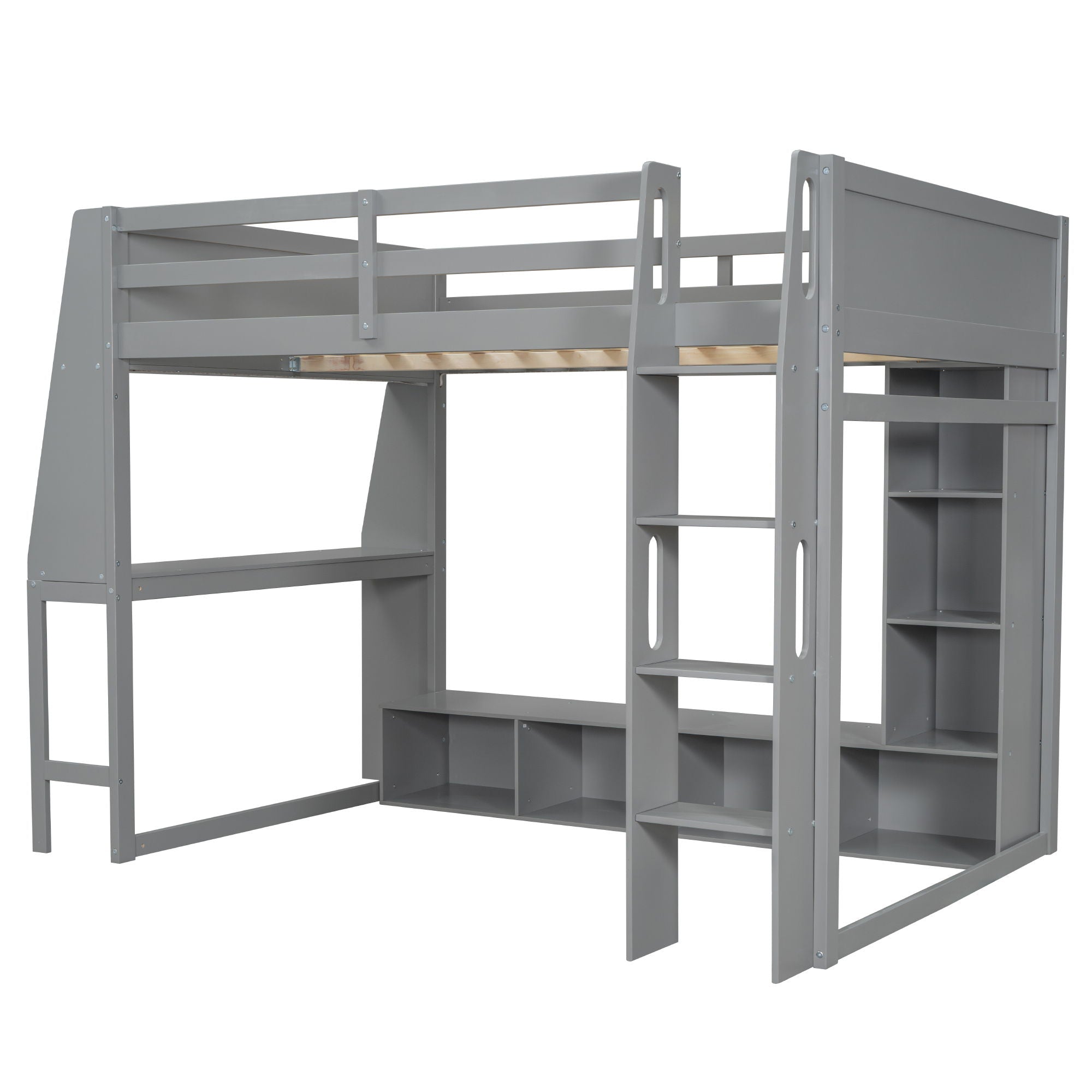 Gaming Loft Bed With Desk, Multi Storage Shelves, LED Lighting, And Hanging Clothes Rack