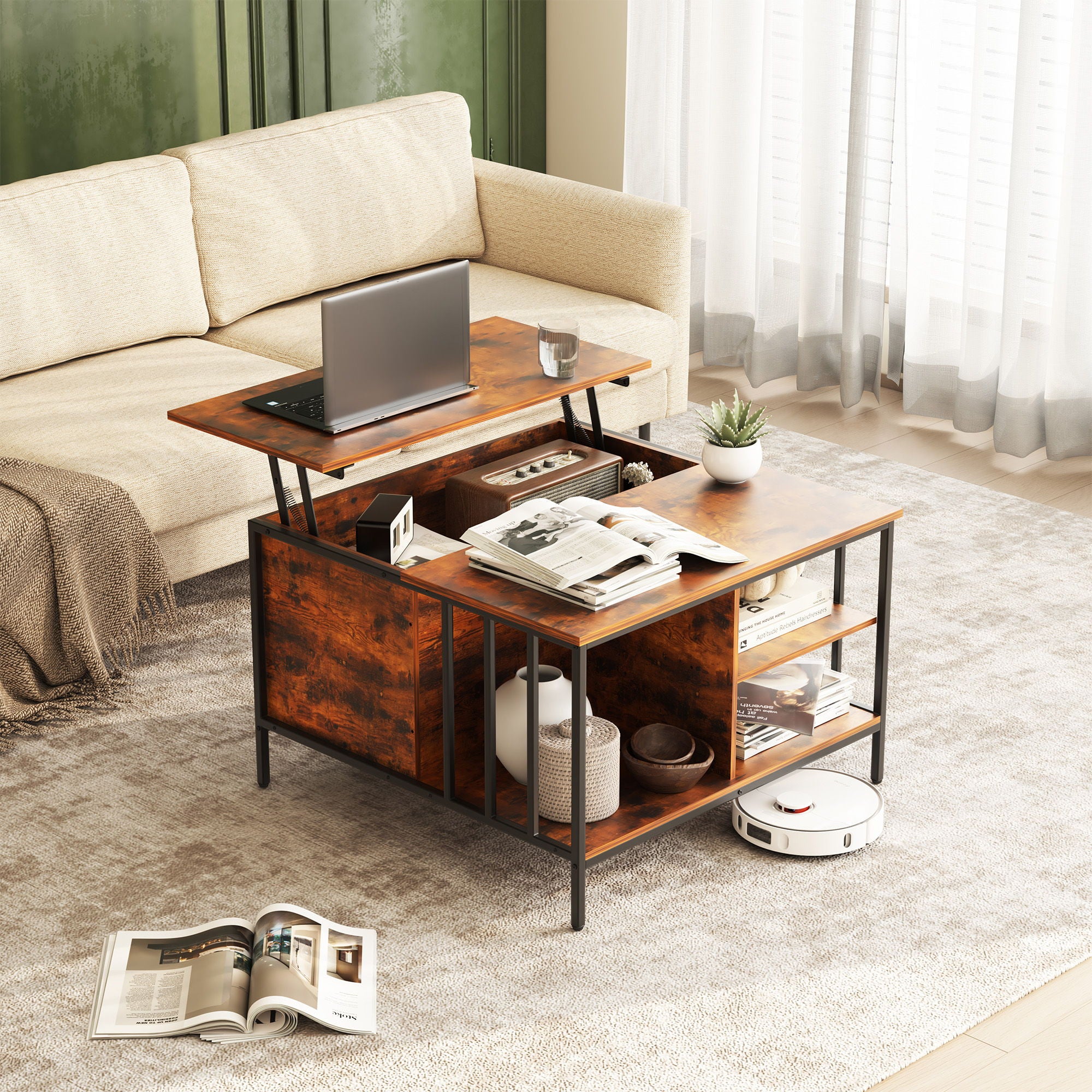 Lift Top Coffee Table With Storage, Adjustable Height Living Room - Black / Brown