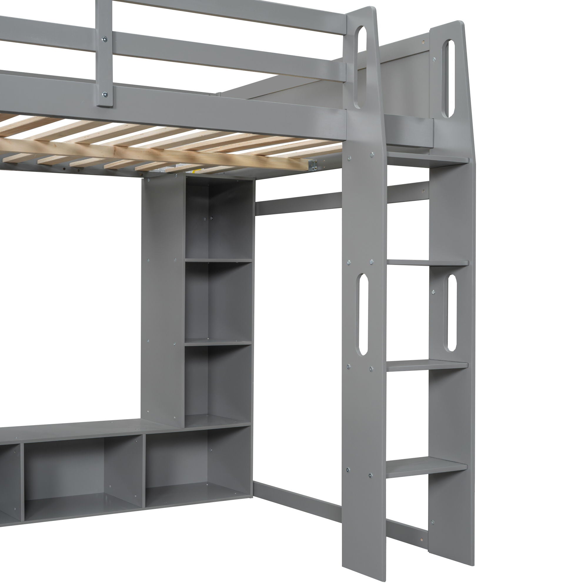 Gaming Loft Bed With Desk, Multi Storage Shelves, LED Lighting, And Hanging Clothes Rack