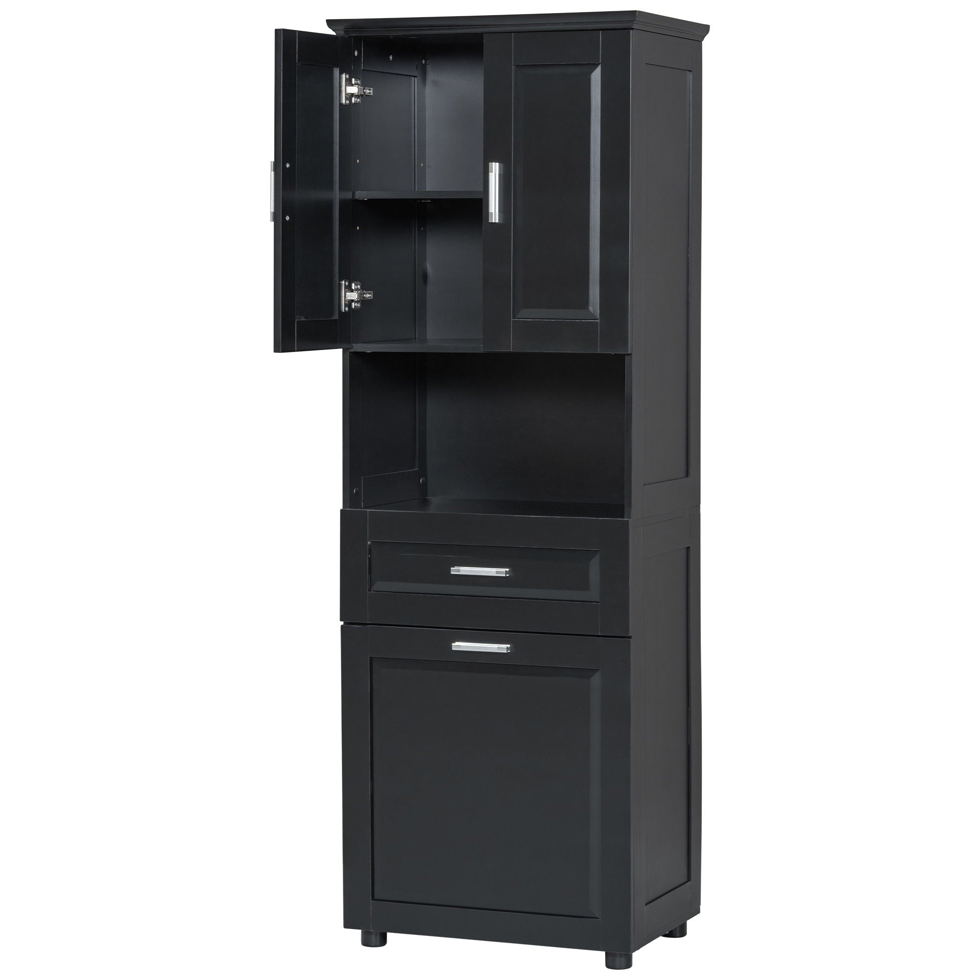 Tall Bathroom Cabinet With Tilt-Out Laundry Basket And Upper Storage