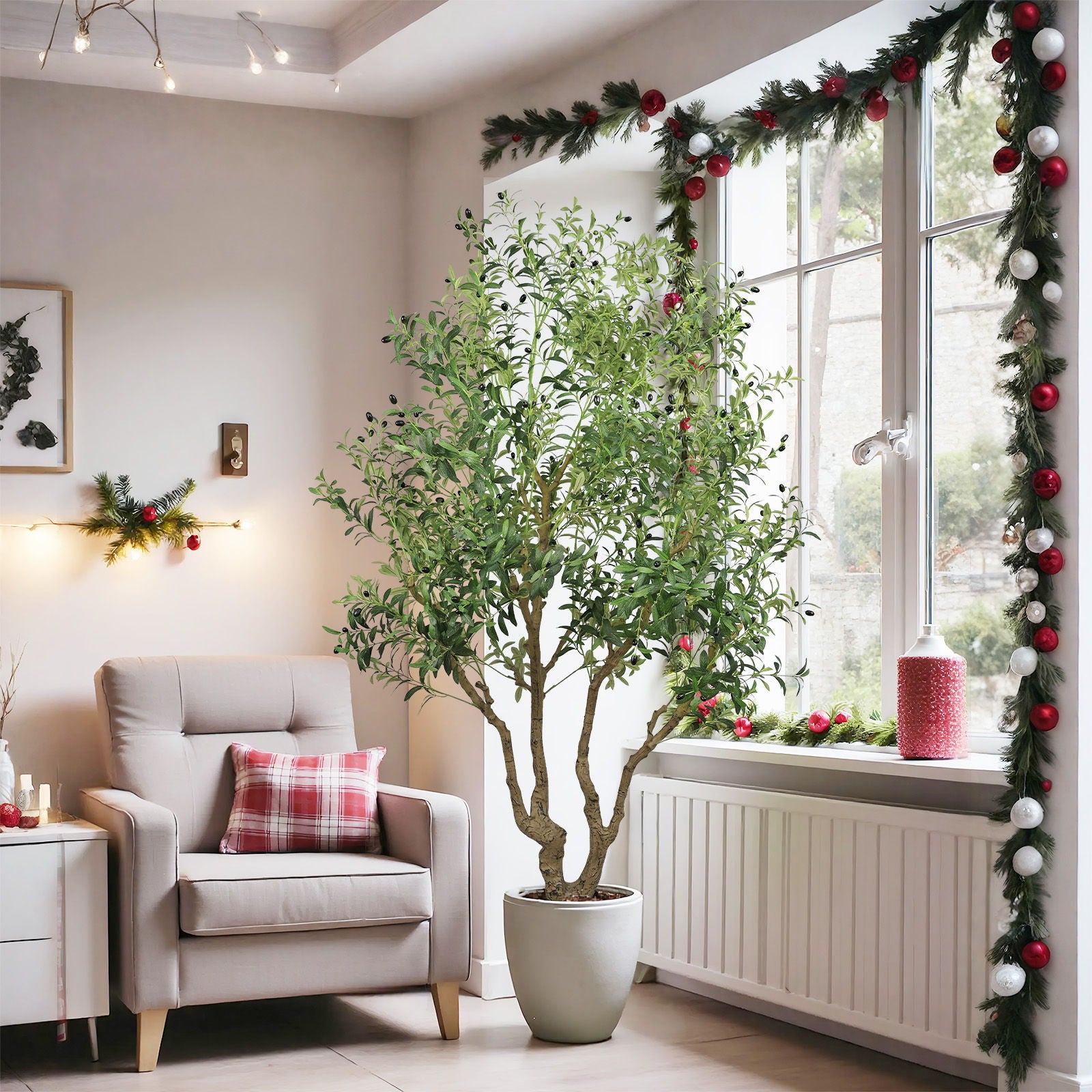 Tall Artificial Olive Tree Large Faux Potted Tree With Natural Trunk And Lifelike Olive Leaves And Fruit - Green