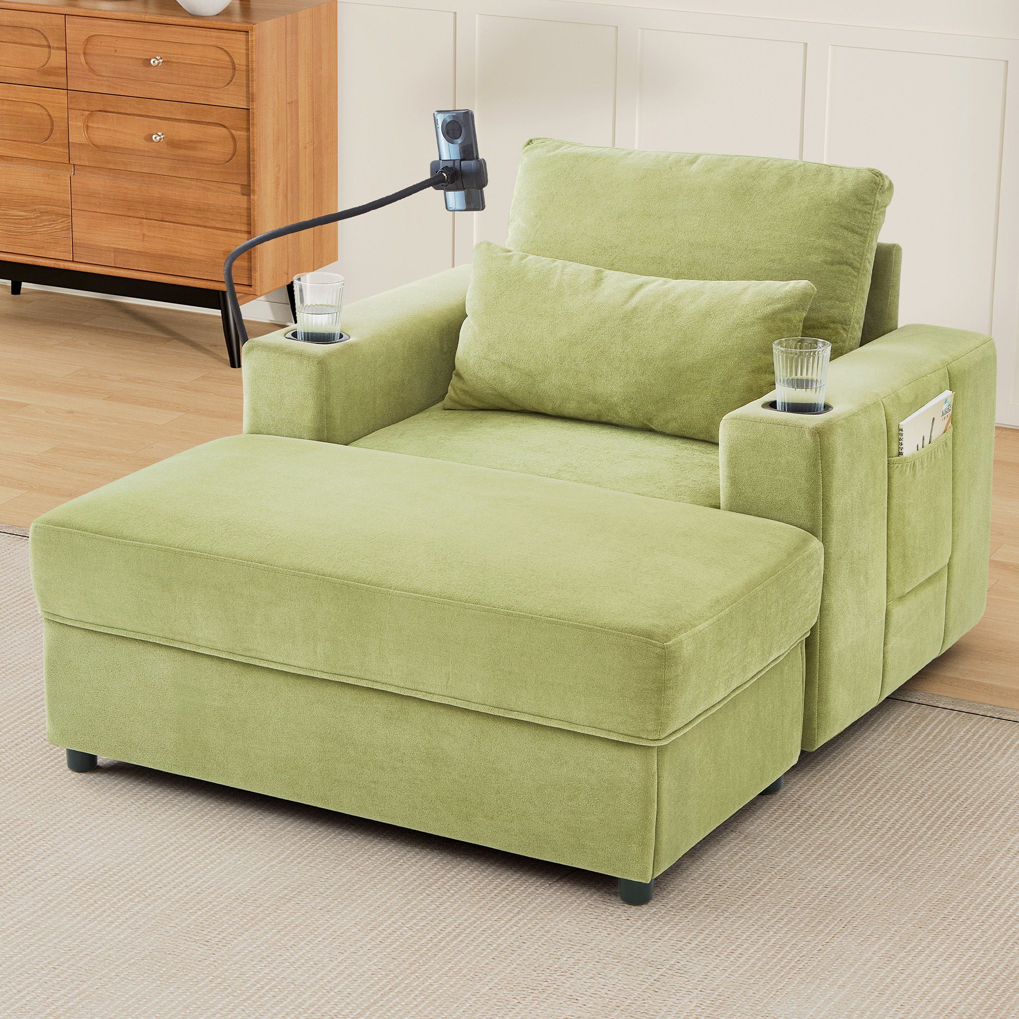 Modern Style Armchair Chaise Lounge Sofa Couch With Movable Storage Ottoman, USB Ports, Cup Holders, Phone Holder, Side Pockets