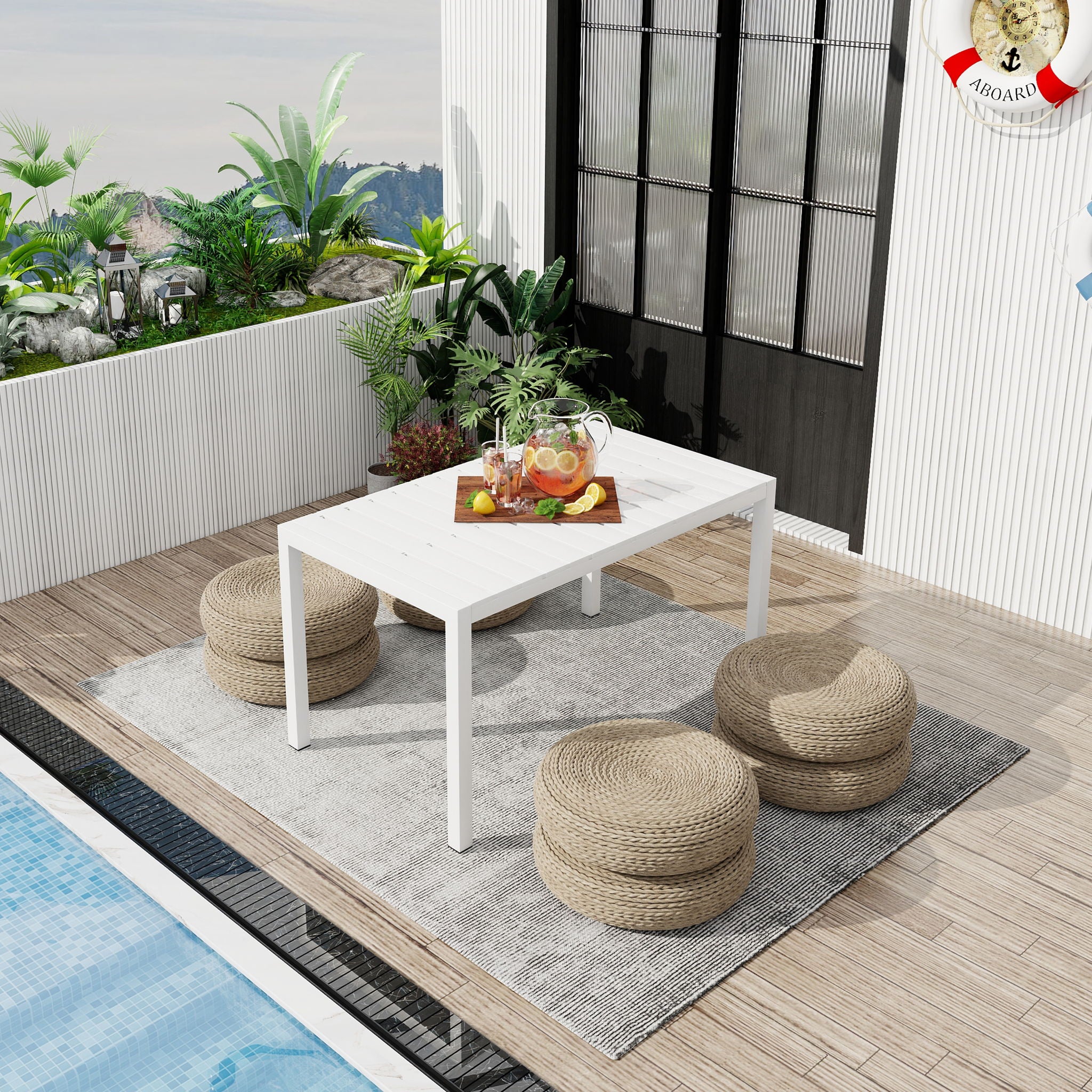Modern Long Table, UV Resistant And Rust Proof, Pp Tabletop, UV Resistant Powder Coated Metal Legs - Snow White