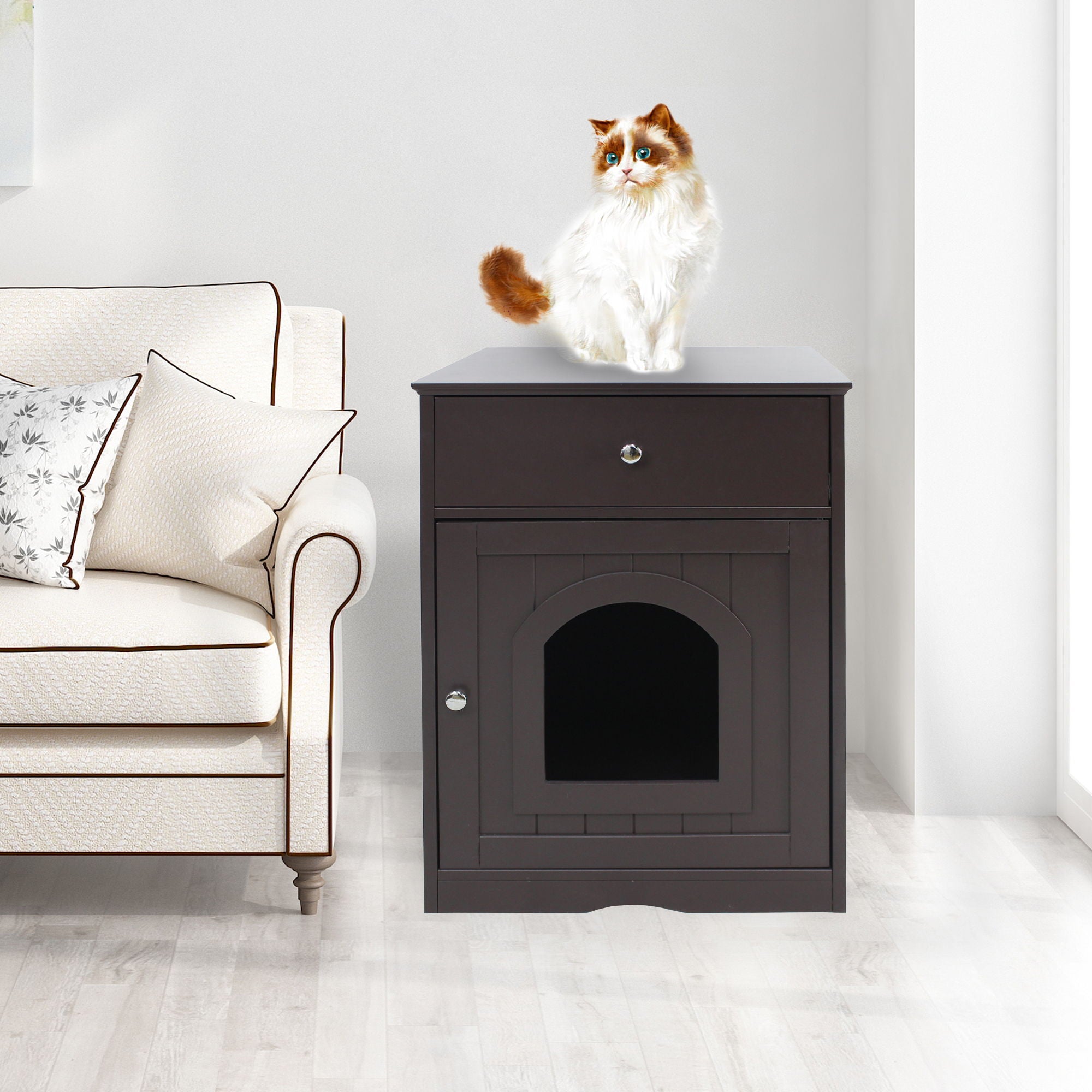 Pet House Cat Litter Box Enclosure With Drawer, Side Table