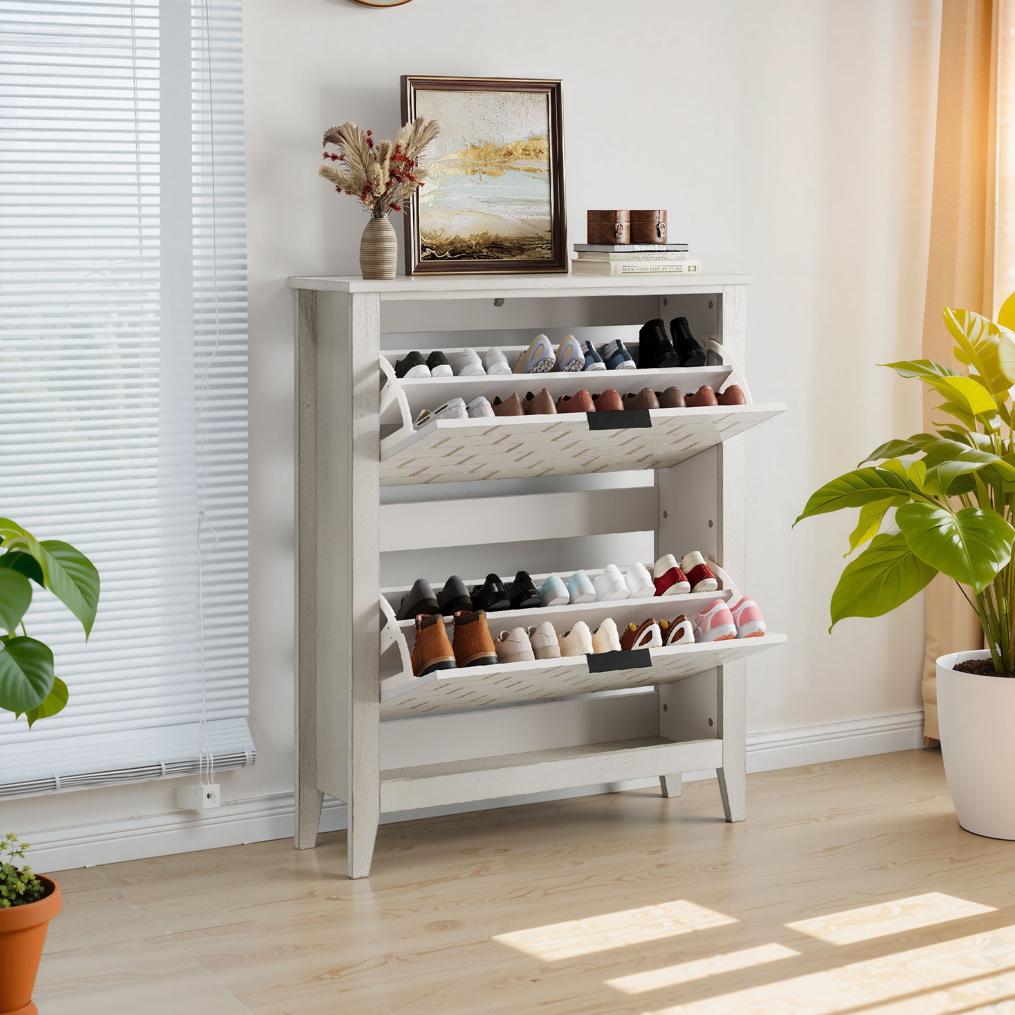 Retro Shoe Storage Cabinet, Mid Century Vintage Freestanding With 2 Flip Drawers, Suitable For Entryway - Retro White / White / Vintage
