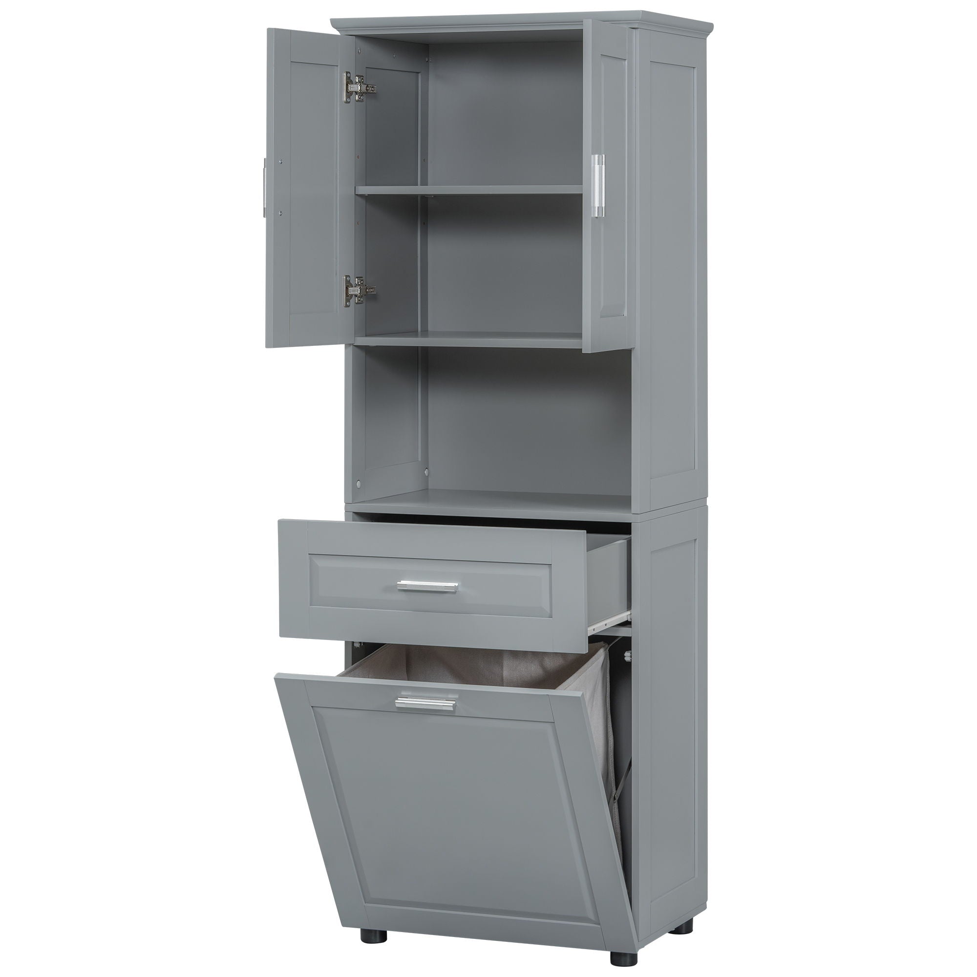 Tall Bathroom Cabinet With Tilt-Out Laundry Basket And Upper Storage