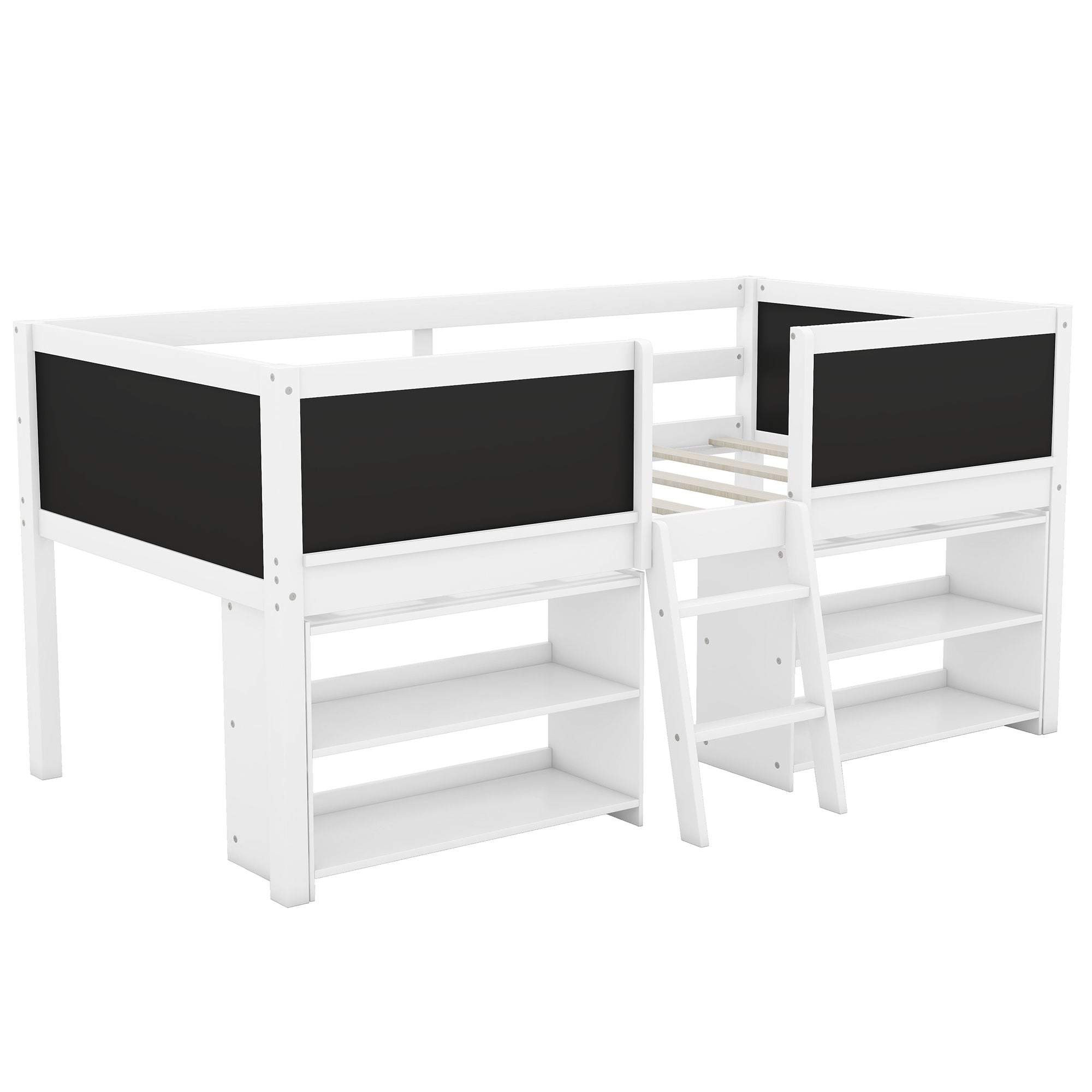 Low Loft Bed With Movable Shelves And Ladder, Decorative Chalkboard Guardrail