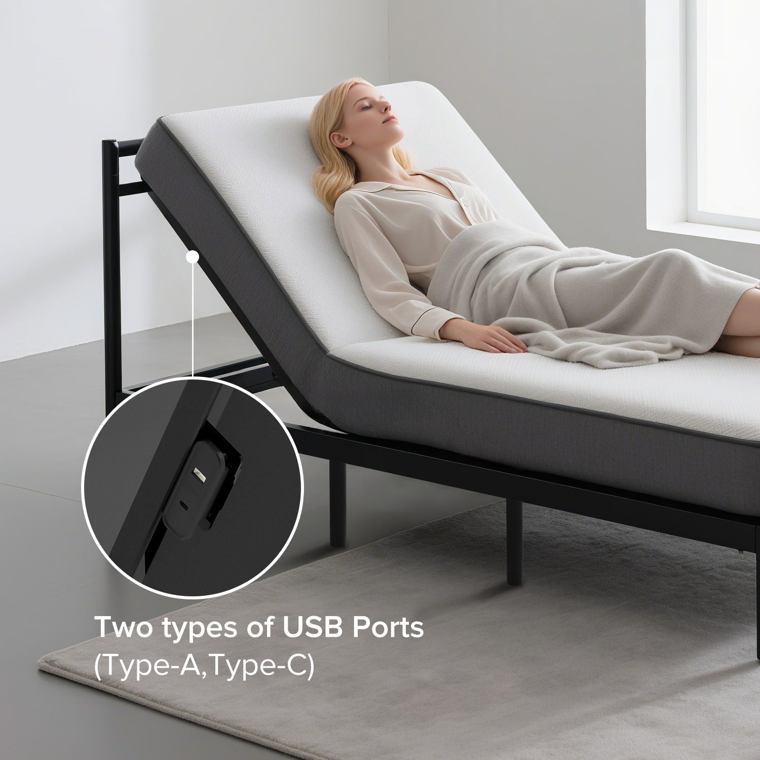 Adjustable Bed Frame With Massage Head & Foot Incline, Wireless Remote, USB Ports, LED Night Light