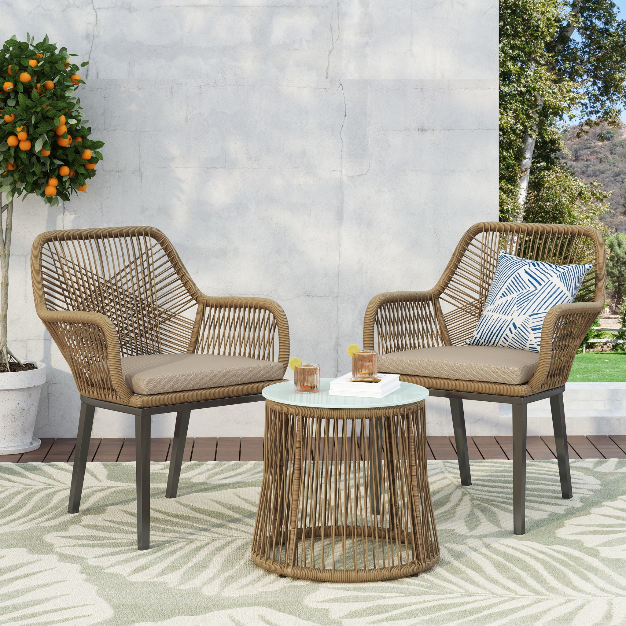 Conversation Set With Tempered Glass Table Top - Light Brown