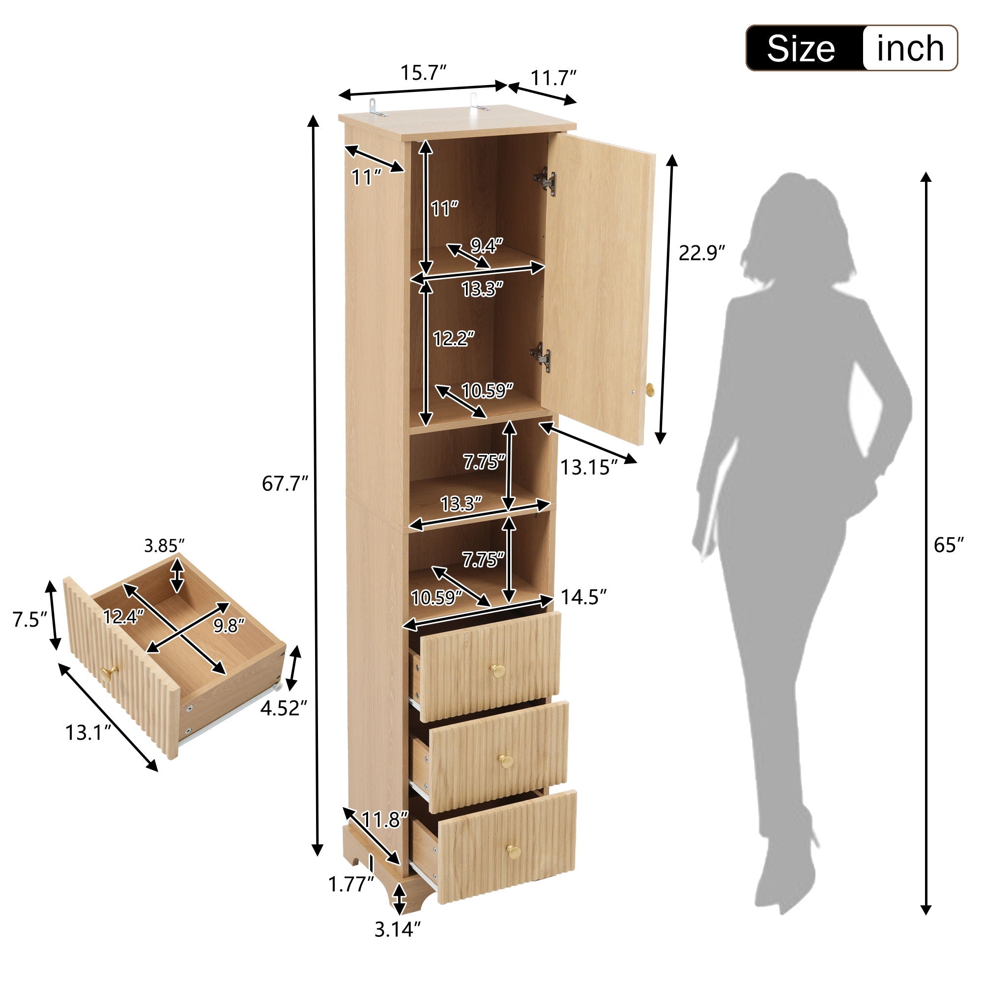 Tall Bathroom Cabinet With 1 Door, 3 Drawers, Open Storage - Wood