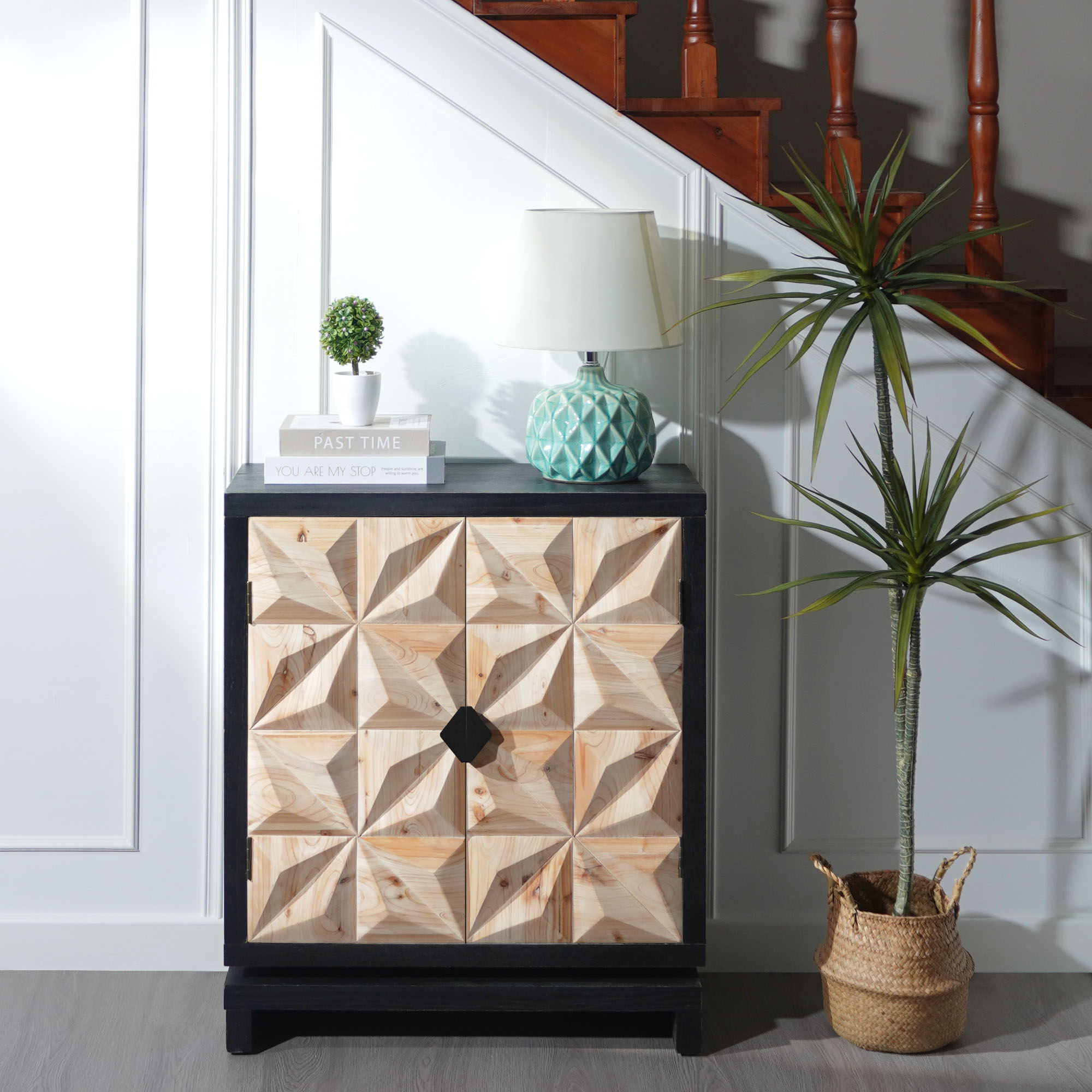 2 Door Accent Storage Cabinet With Diamond Handle - Black / Natural
