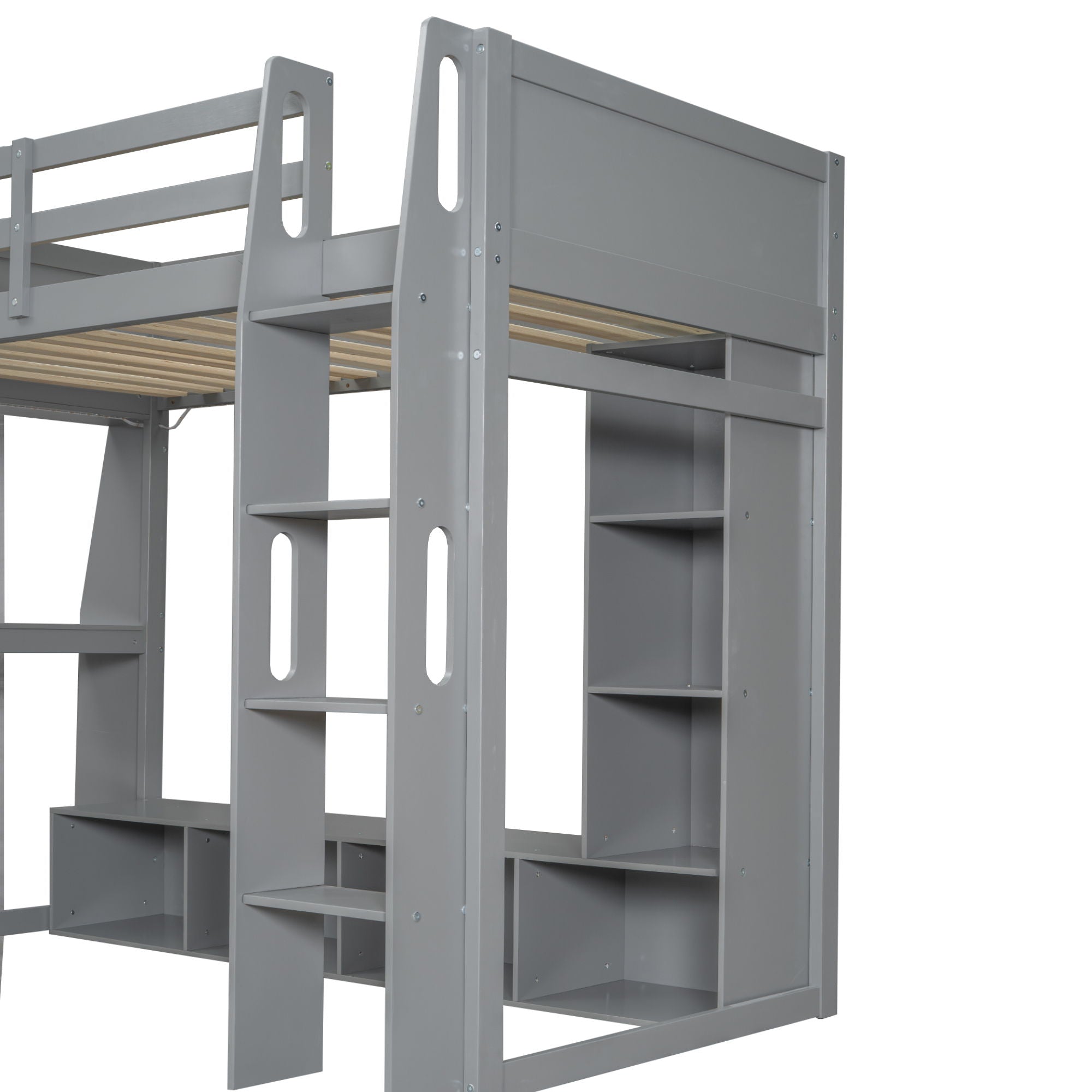 Gaming Loft Bed With Desk, Multi Storage Shelves, LED Lighting, And Hanging Clothes Rack