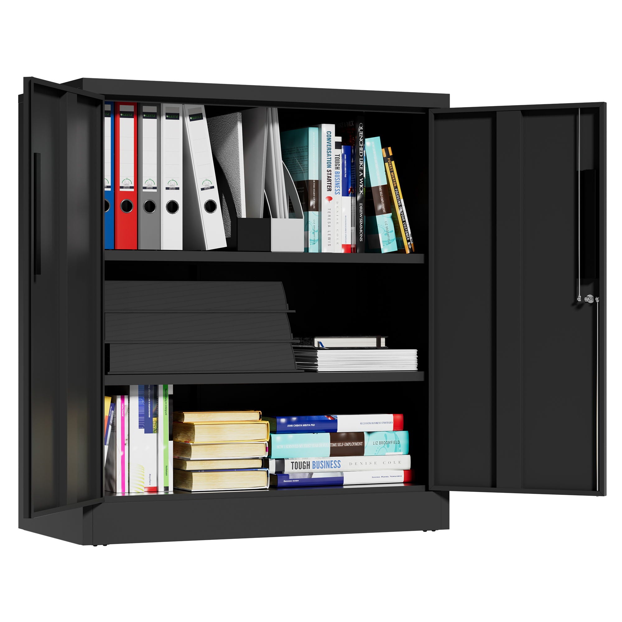Heavy Duty Storage Cabinet With Lock, 2 Door File Cabinet With 2 Adjustable Shelves - Black