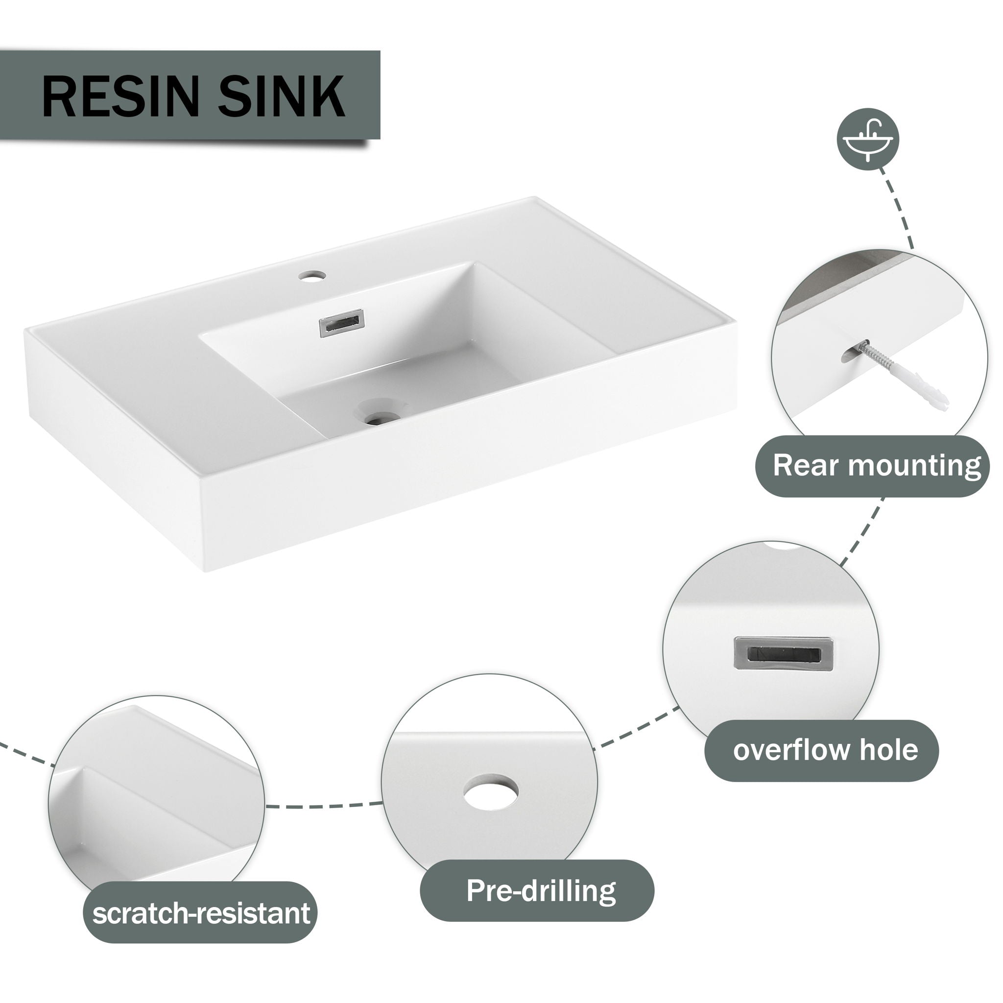 Contemporary Wall Mounted Bathroom Vanity With Resin Sink And 2 Side Cabinet - Imitative Oak