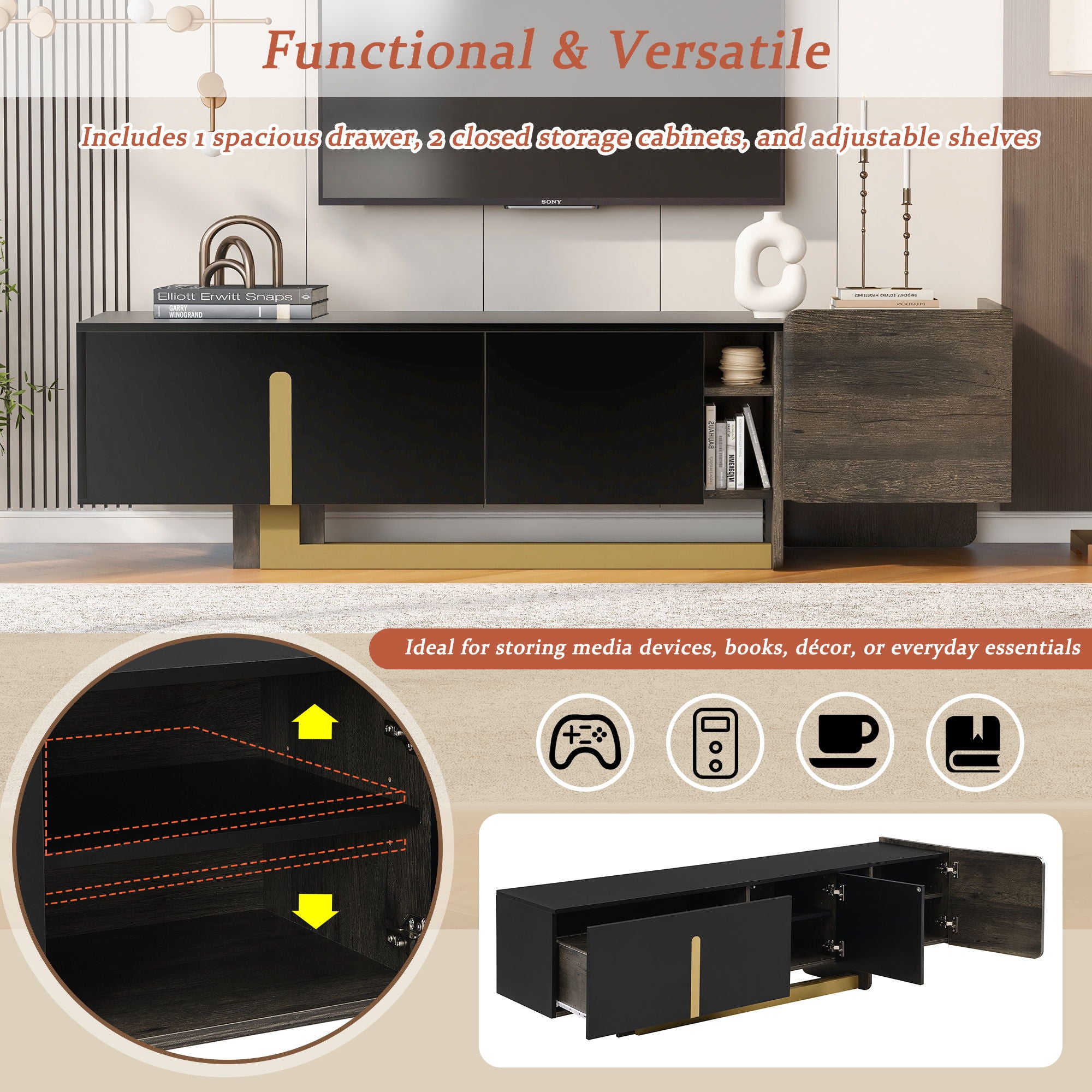 TV Stand With 1 Drawer, 2 Cabinets And Adjustable Shelves