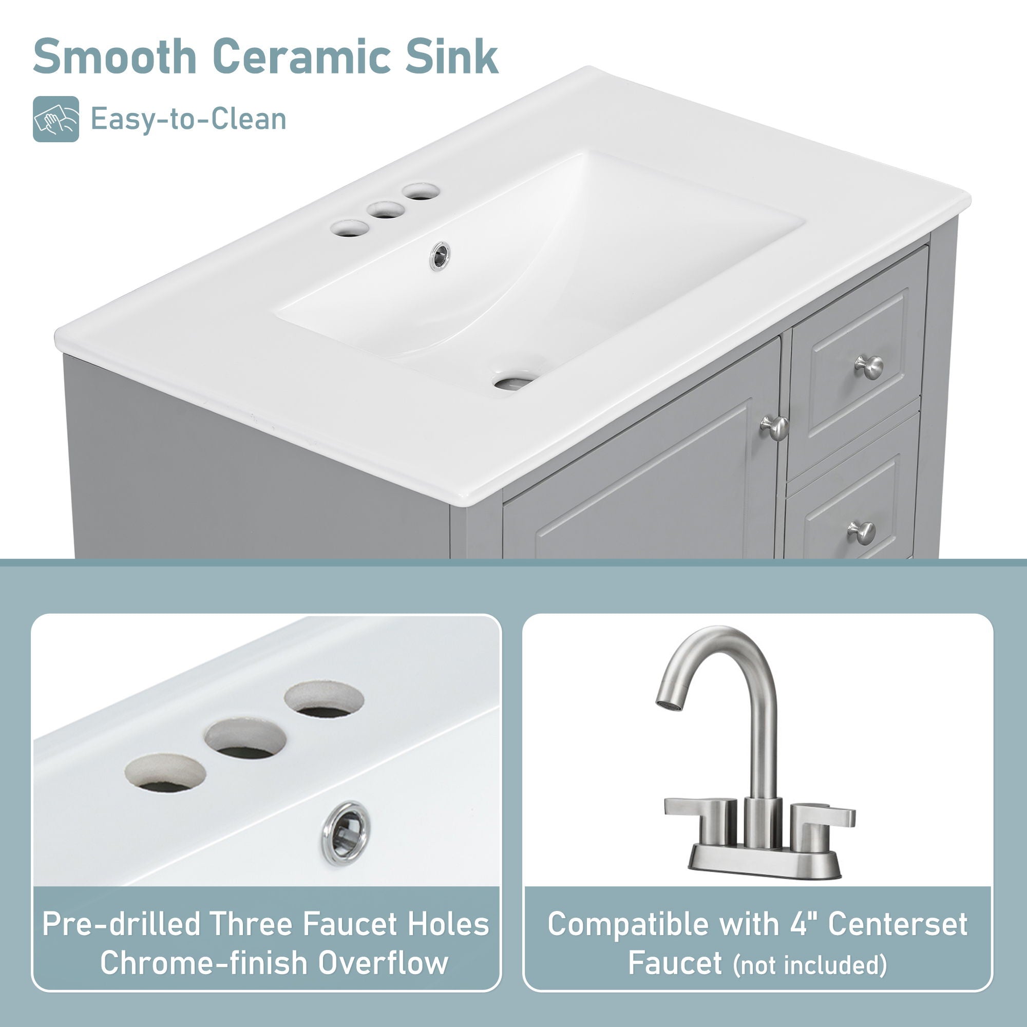 Freestanding Bathroom Vanity With Sink, Soft Close Door, 3 Drawers