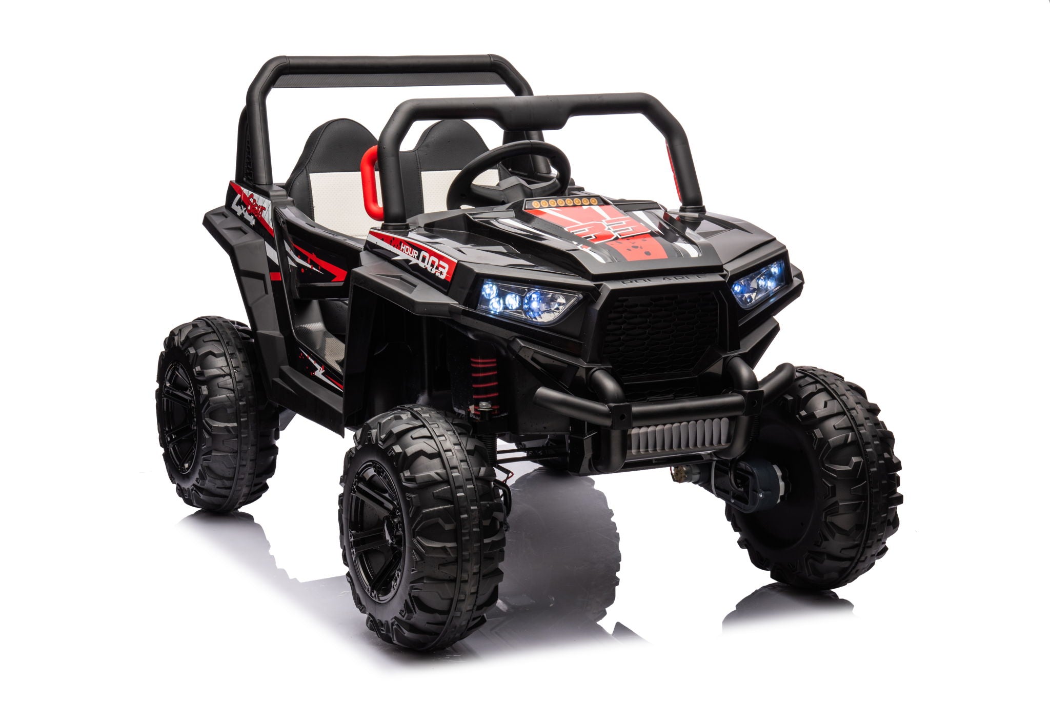 12V7A*2 30W*4 Four-Wheel Drive Seat One Button Start, Forward And Backward, High And Low Speed, Music, Front Light, Power Display, Two Doors Can Open, 2.4G R / C, Seat Belt Four Wheel Absorber