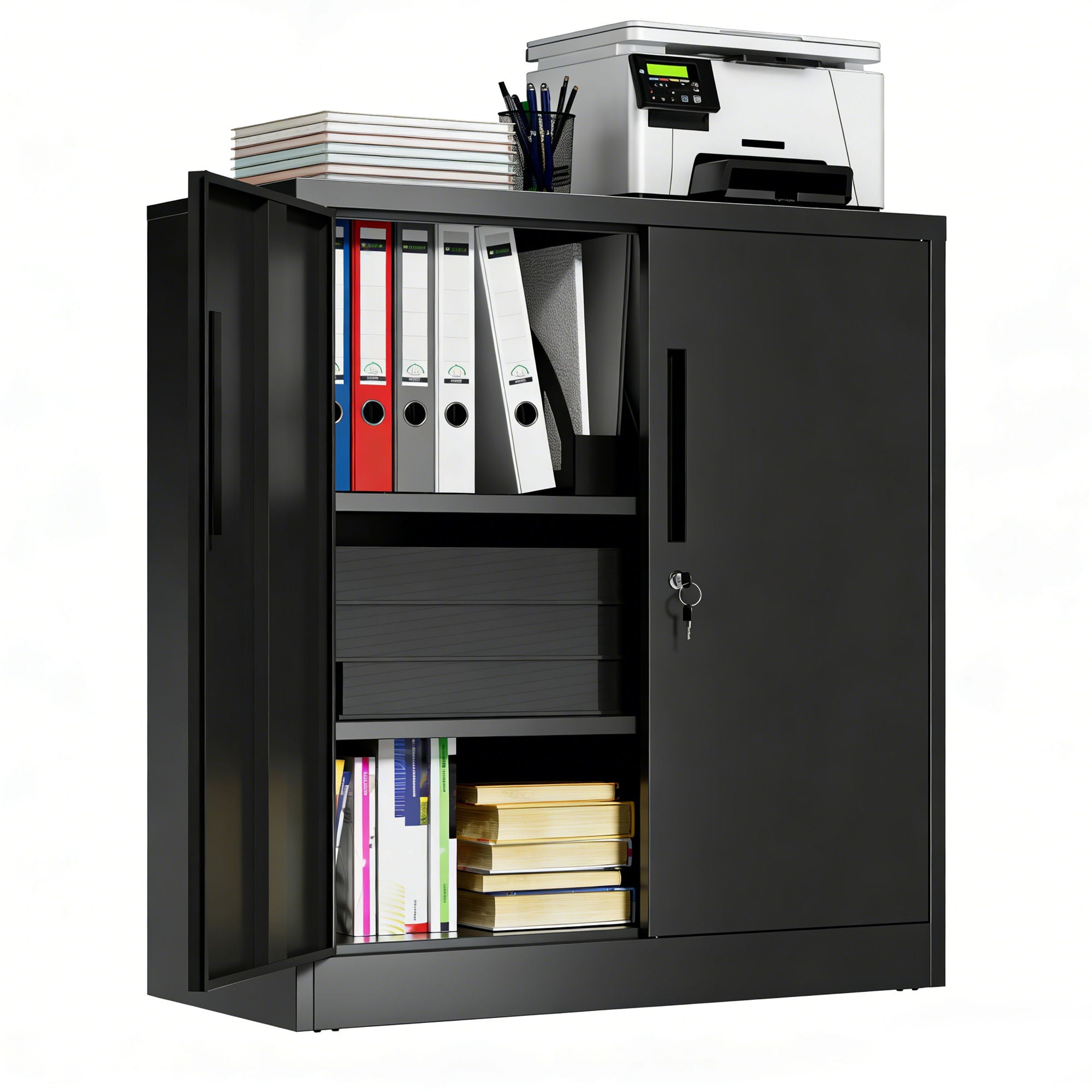 Heavy Duty Storage Cabinet With Lock, 2 Door File Cabinet With 2 Adjustable Shelves - Black
