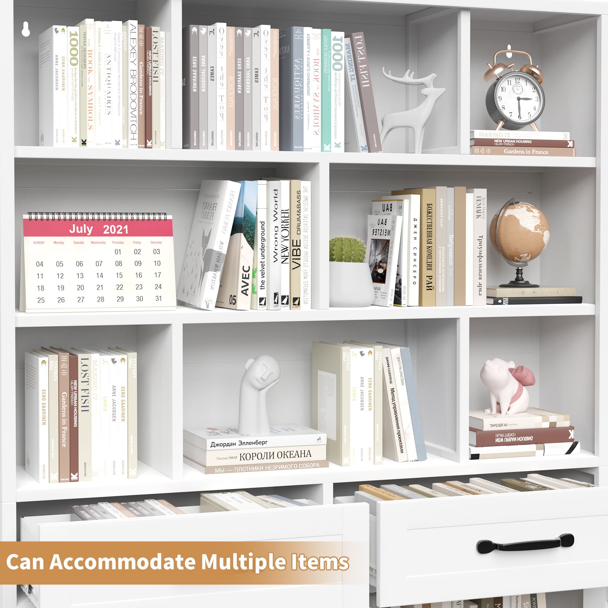 Bookcase Tall With 2 Doors & 2 Drawers, Fixed Open Shelves - White