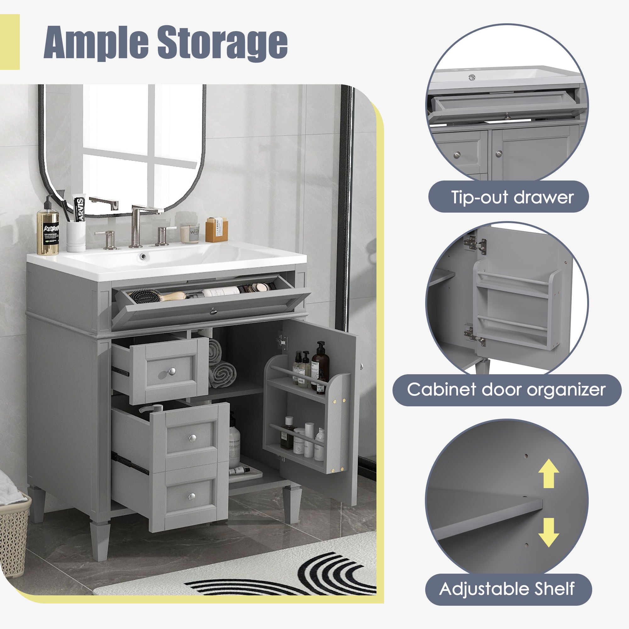 Bathroom Vanity With Top Sink, 2 Drawers And Tip Out Drawer, Rectangular Design
