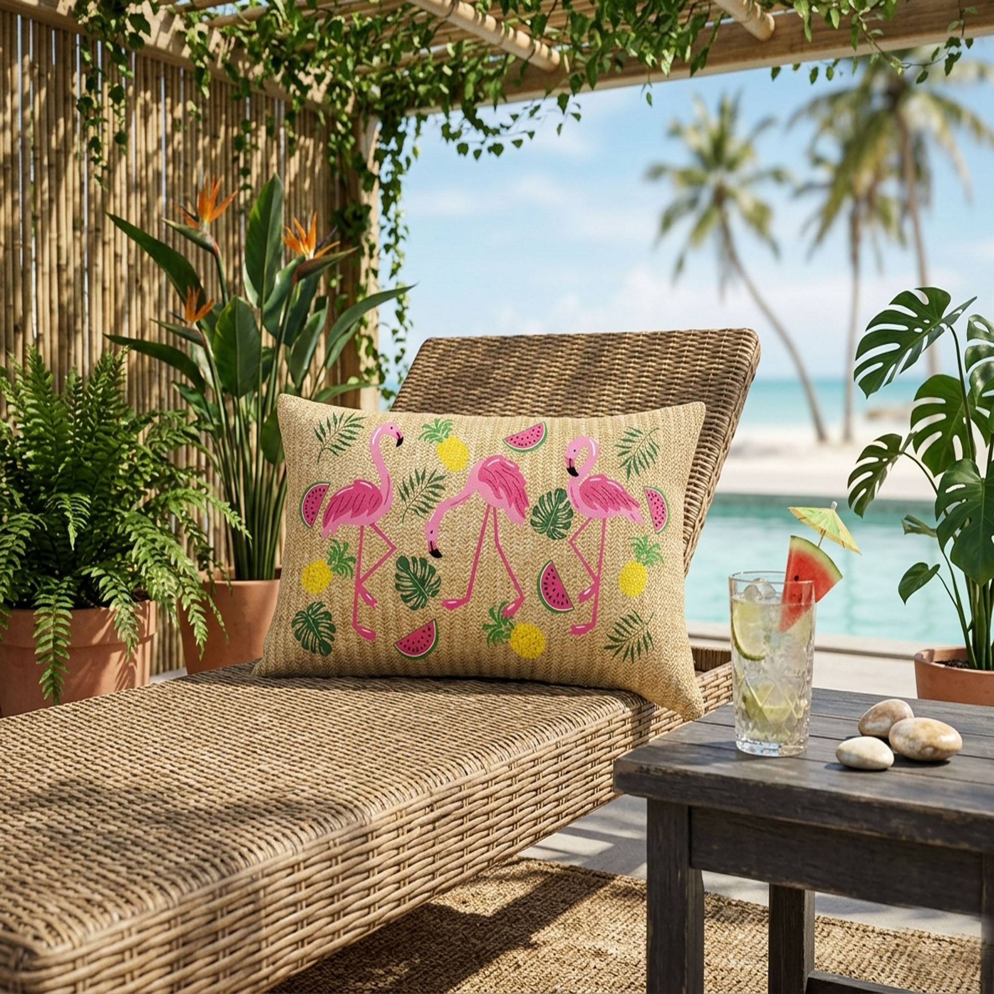 Summer Outdoor Lumbar Flamingo Pillows - Multi