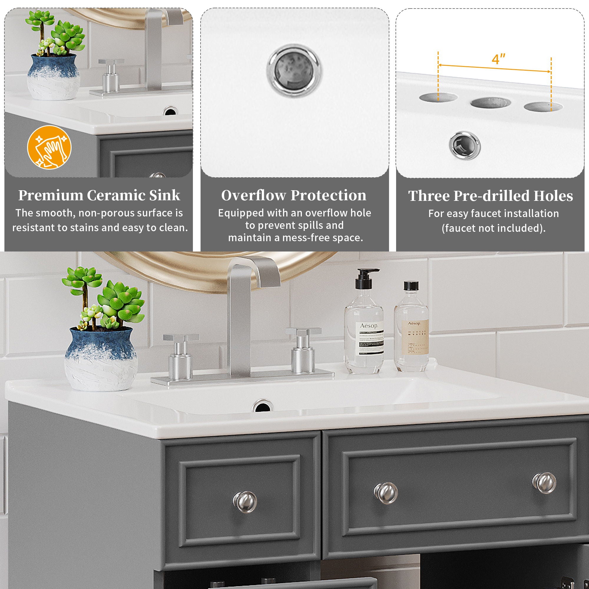 Transitional Style Bathroom Vanity Cabinet With Ceramic Sink