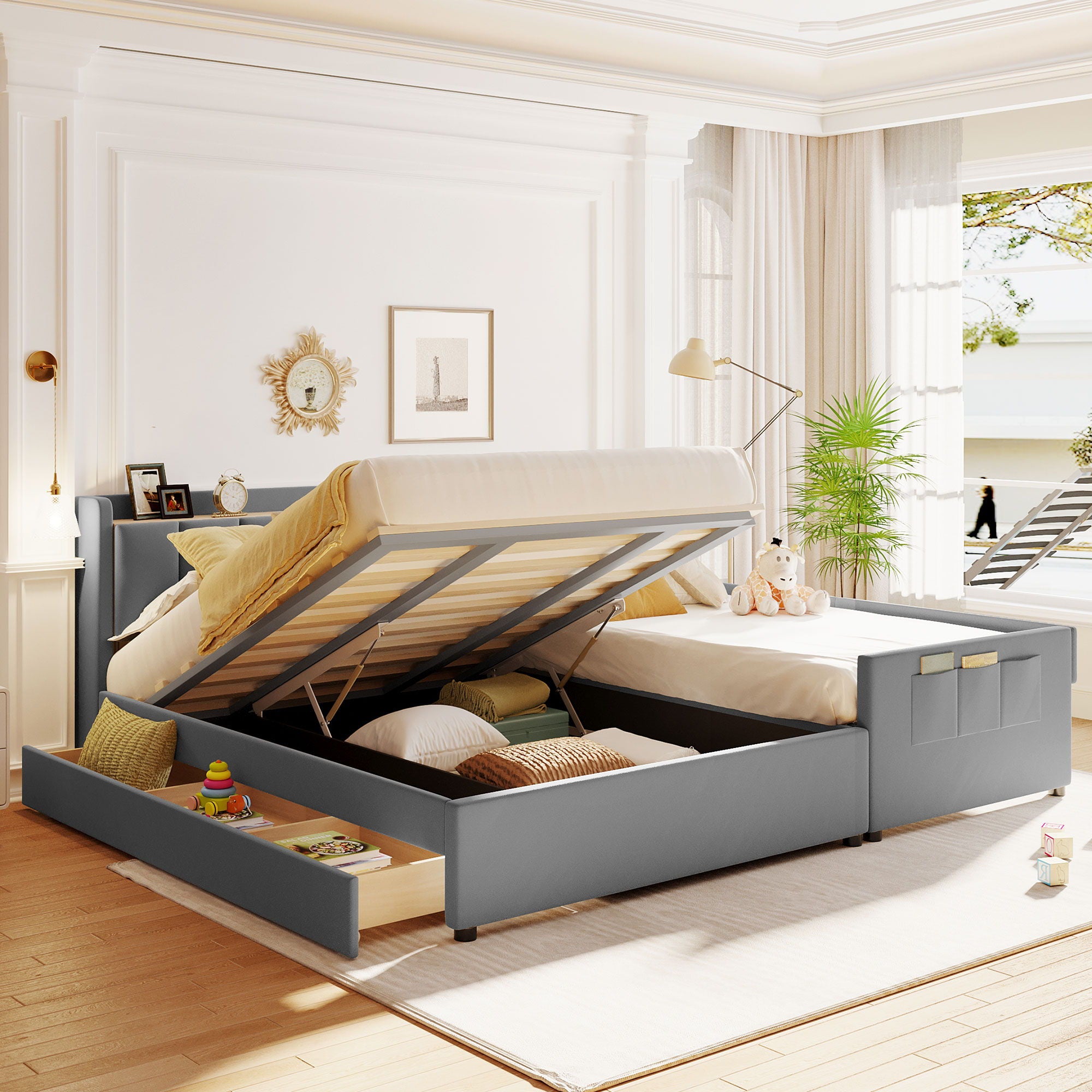 Upholstered Mother & Child Bed With Hydraulic Storage System, Drawer Box, Bedhead Storage Shelf And 2 Pairs Of Sockets & USB Ports