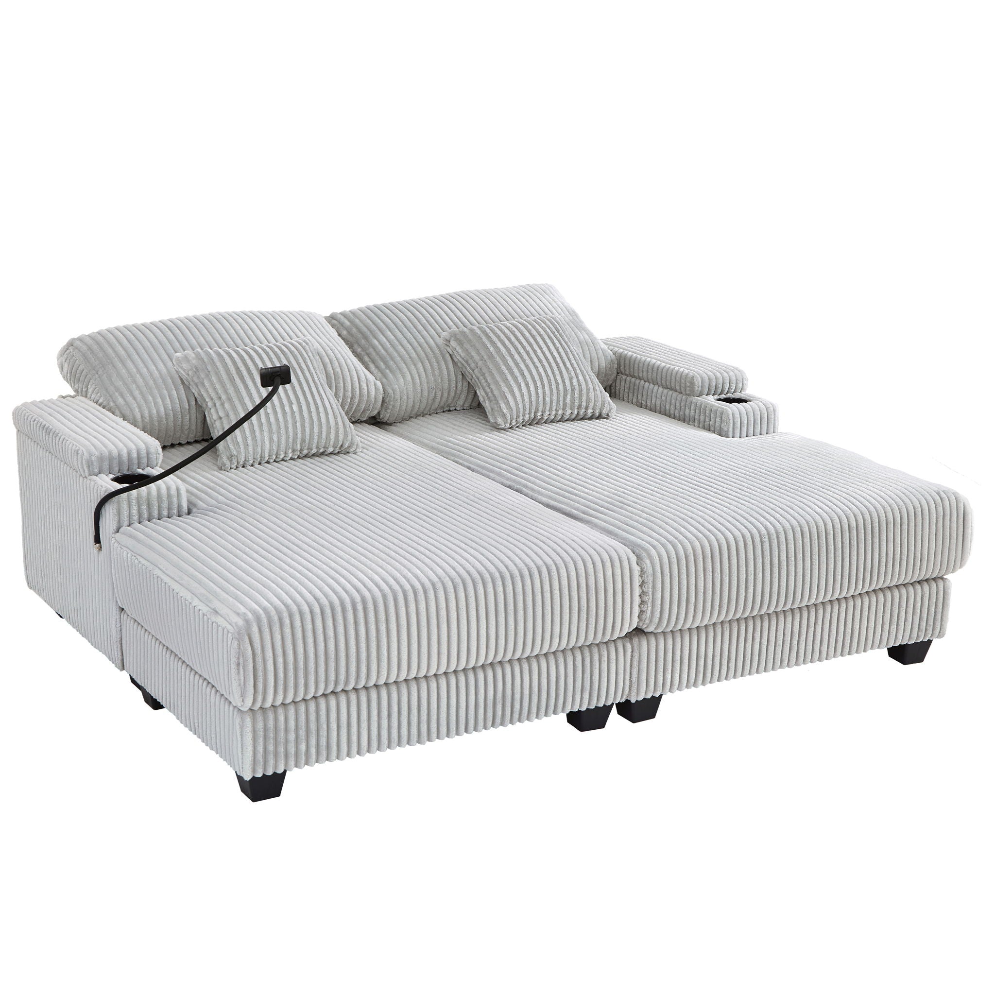 Modern Chaise Sofa With Adjustable Backrest, Cup Holders, Phone Holder & Storage Compartments For Living Room