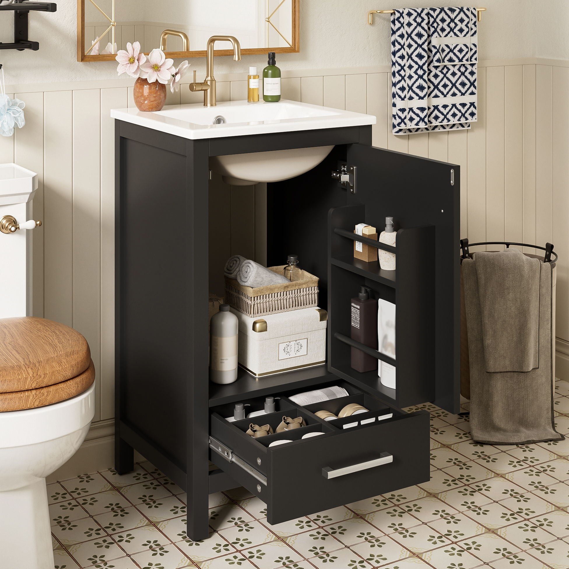 Bathroom Vanity With Ceramic Sink, Soft Close Drawers, Door Organizer, Divider Drawer, Adjustable Foot Pads