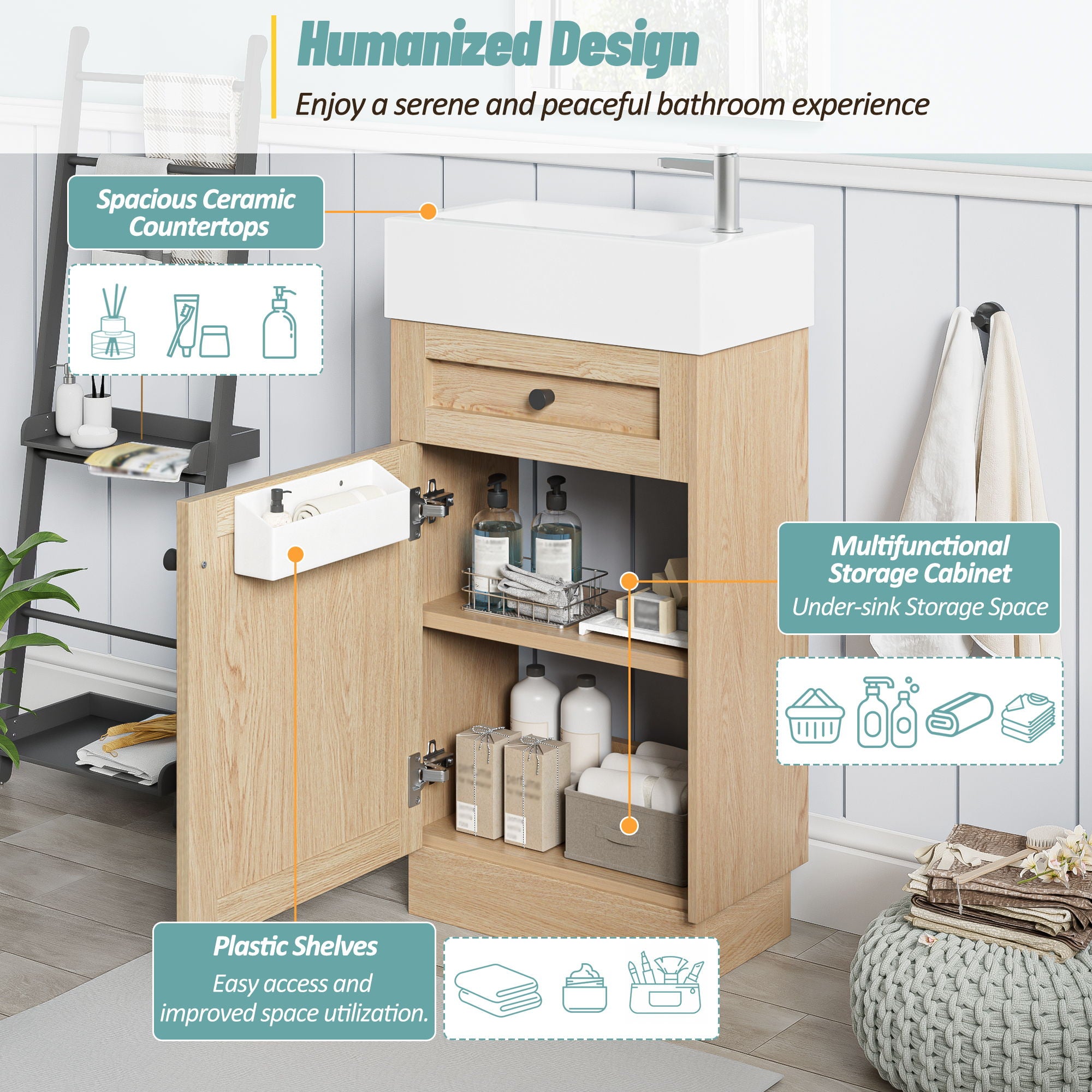 Bathroom Vanity With Reversible Resin Sink, Cabinet & Zinc Alloy Handles - Wood