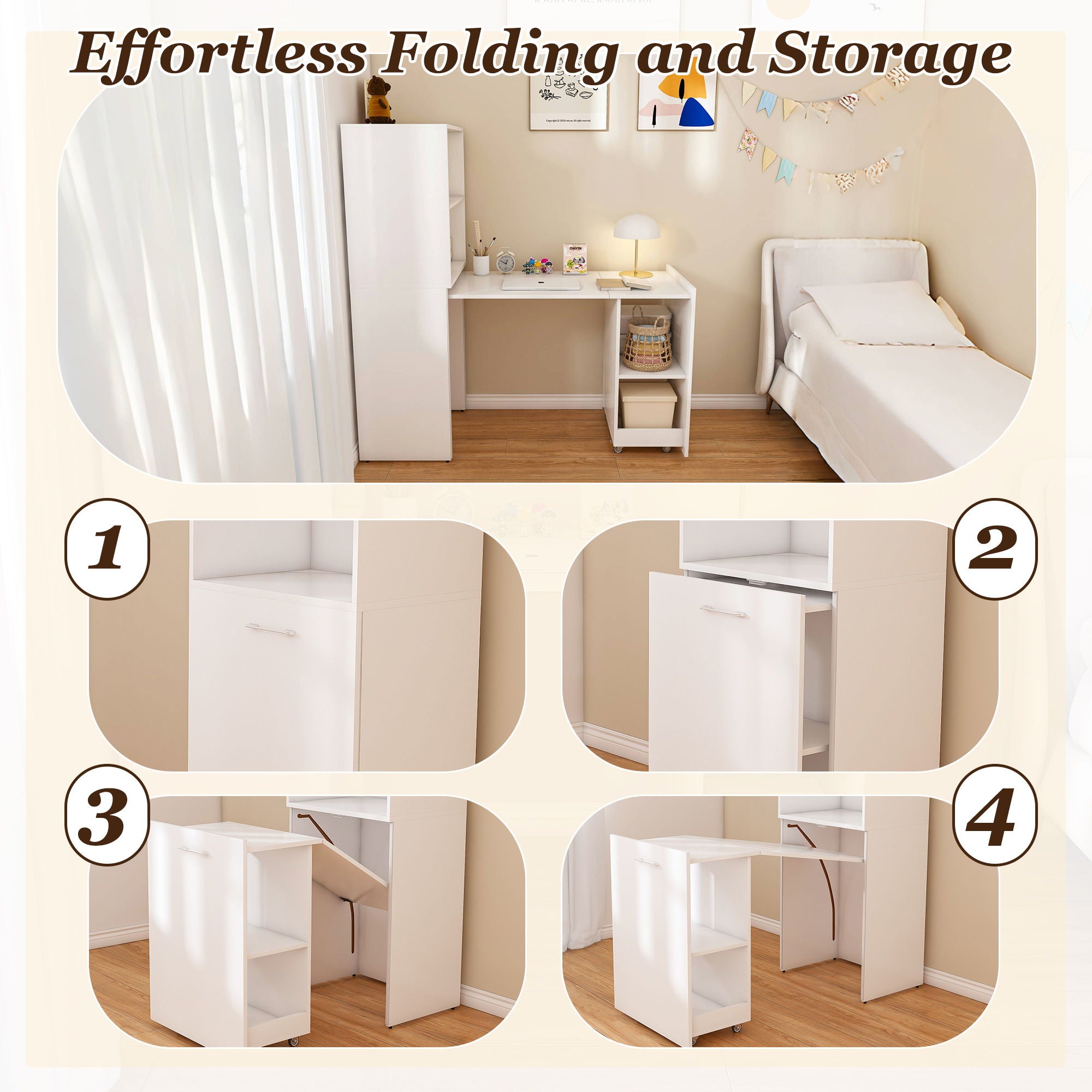 Stretchable Office Desk With Storage Shelves And Mobile Wheels