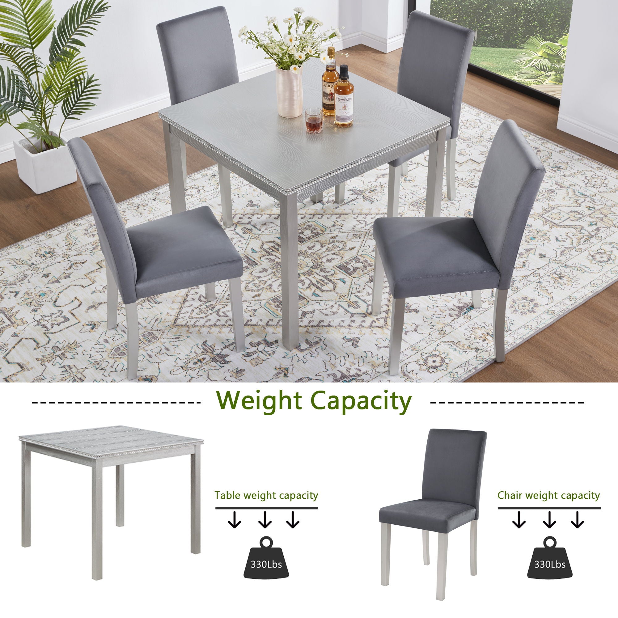 5 Pieces Wooden Dining Table Set, Square Table And 4 Upholstered Chairs