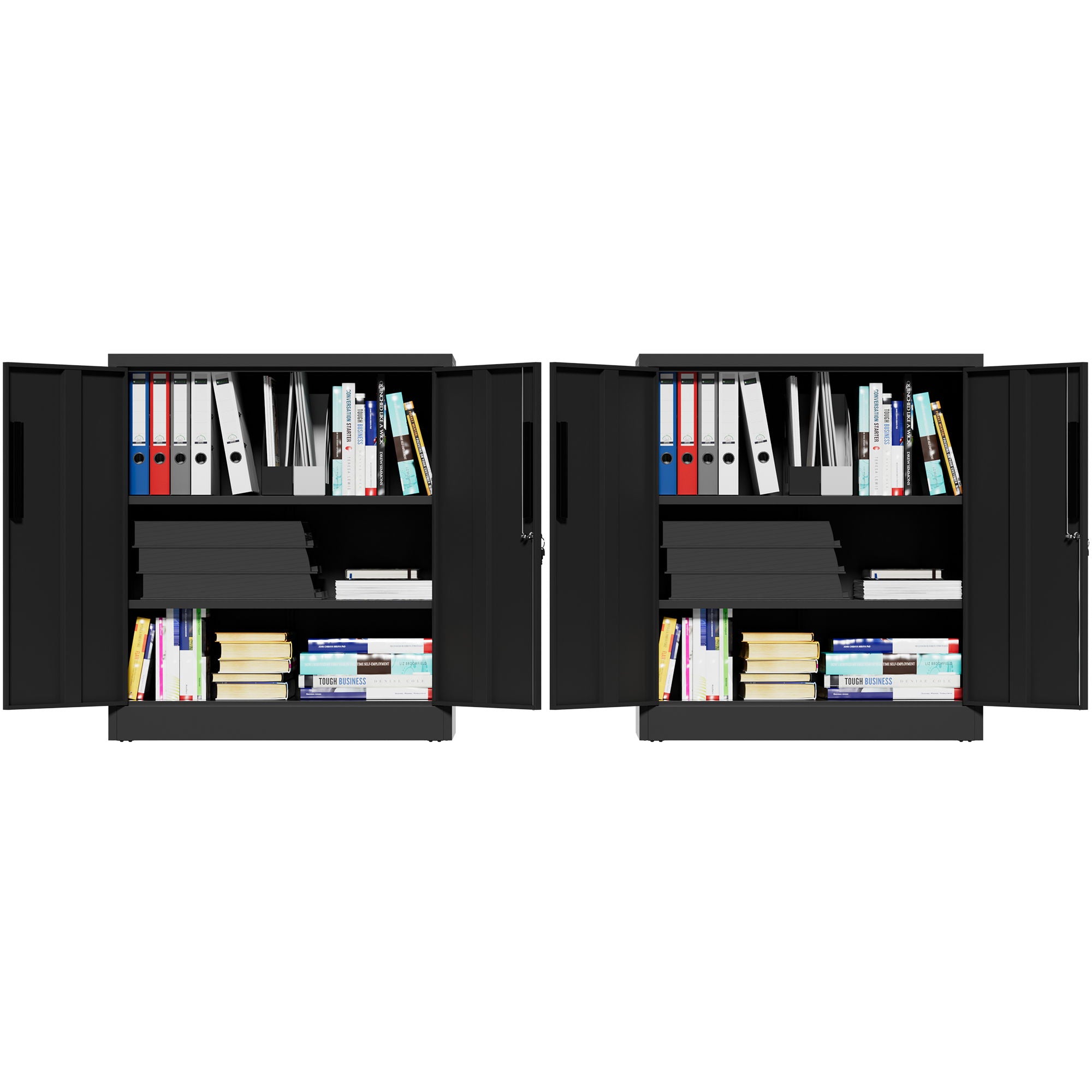 Heavy Duty Storage Cabinet With Lock, 2 Door File Cabinet With 2 Adjustable Shelves - Black