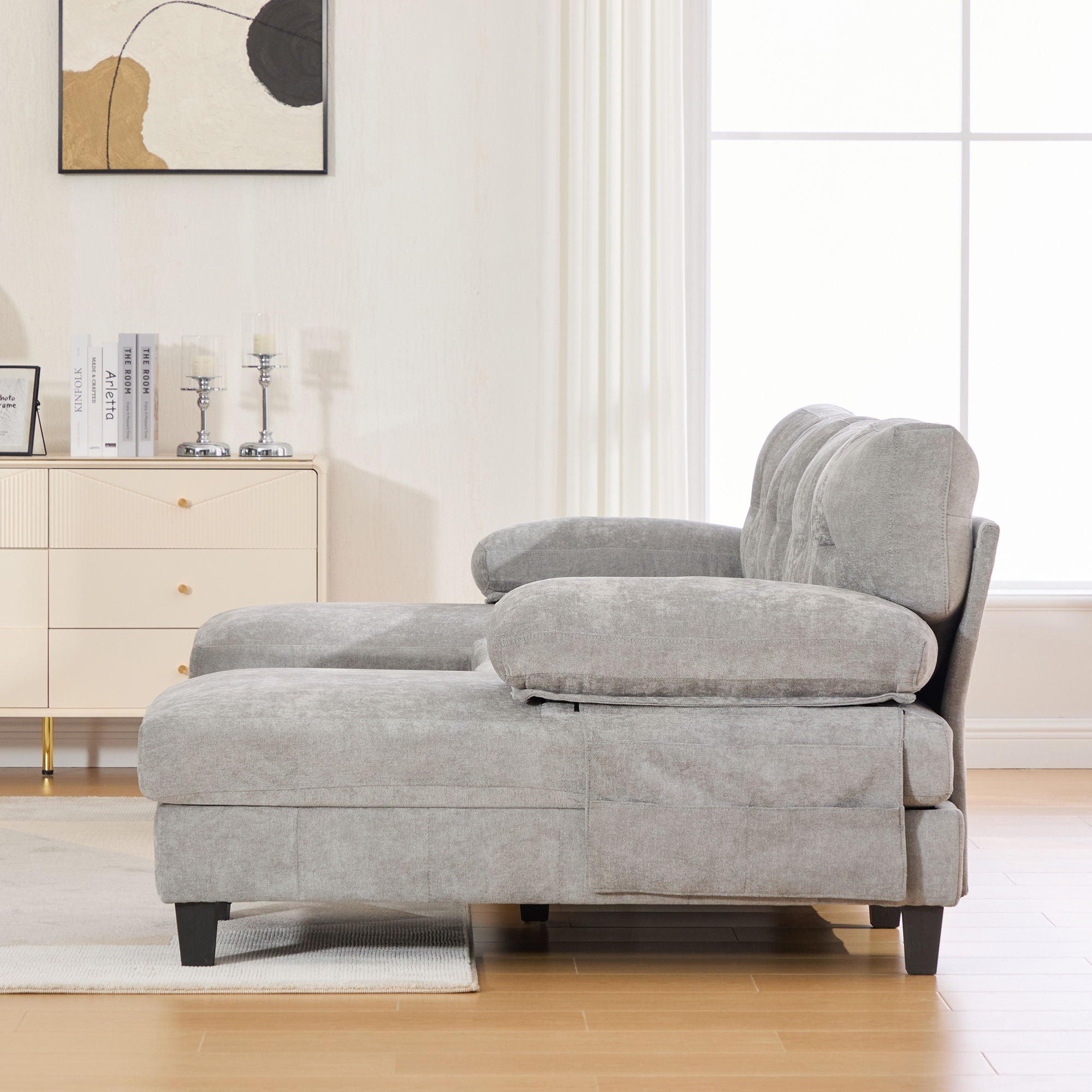 U-Shaped Sectional Sofa 103.5" Fabric Couch With Dual Chaise Lounges, Storage Pockets, Armrest Pillows