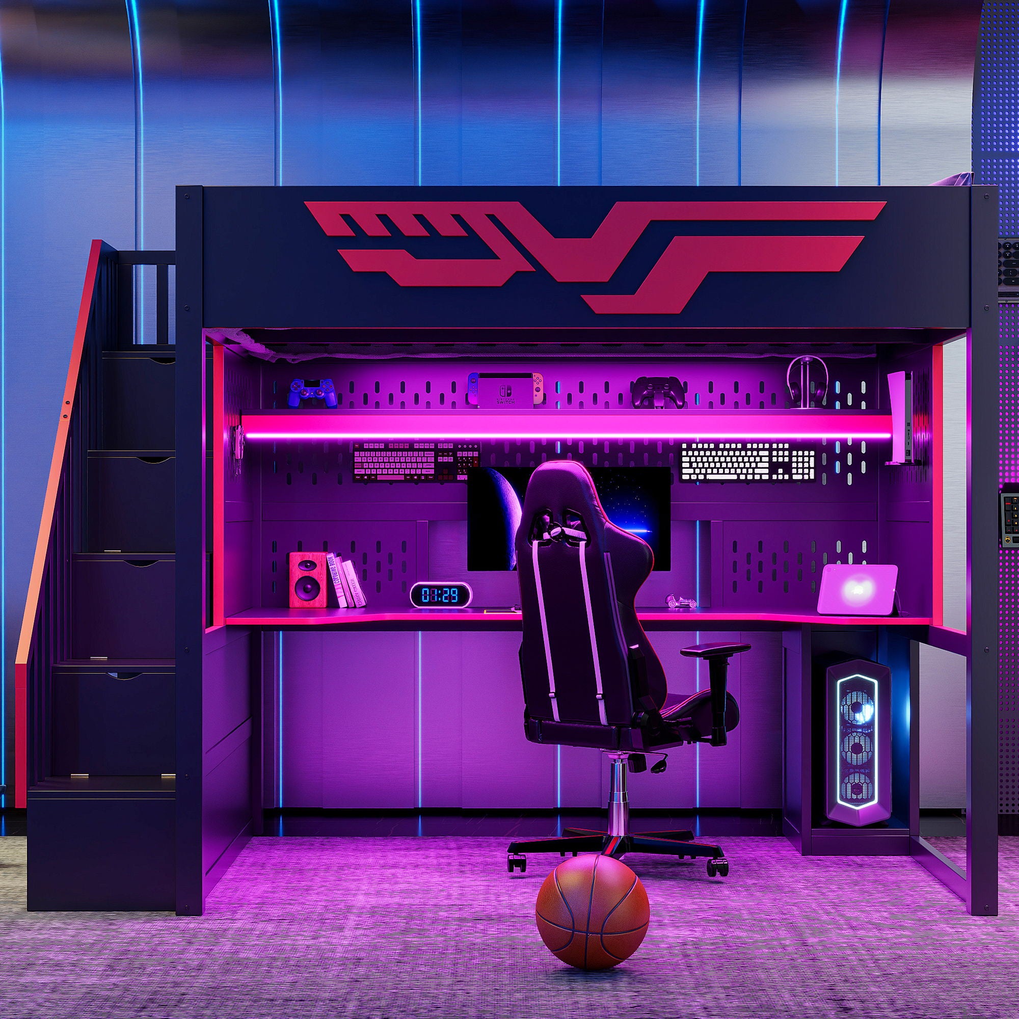 Full Gaming Loft Bed With Desk And Storage Staircase, LED Lights And USB - Red / Black