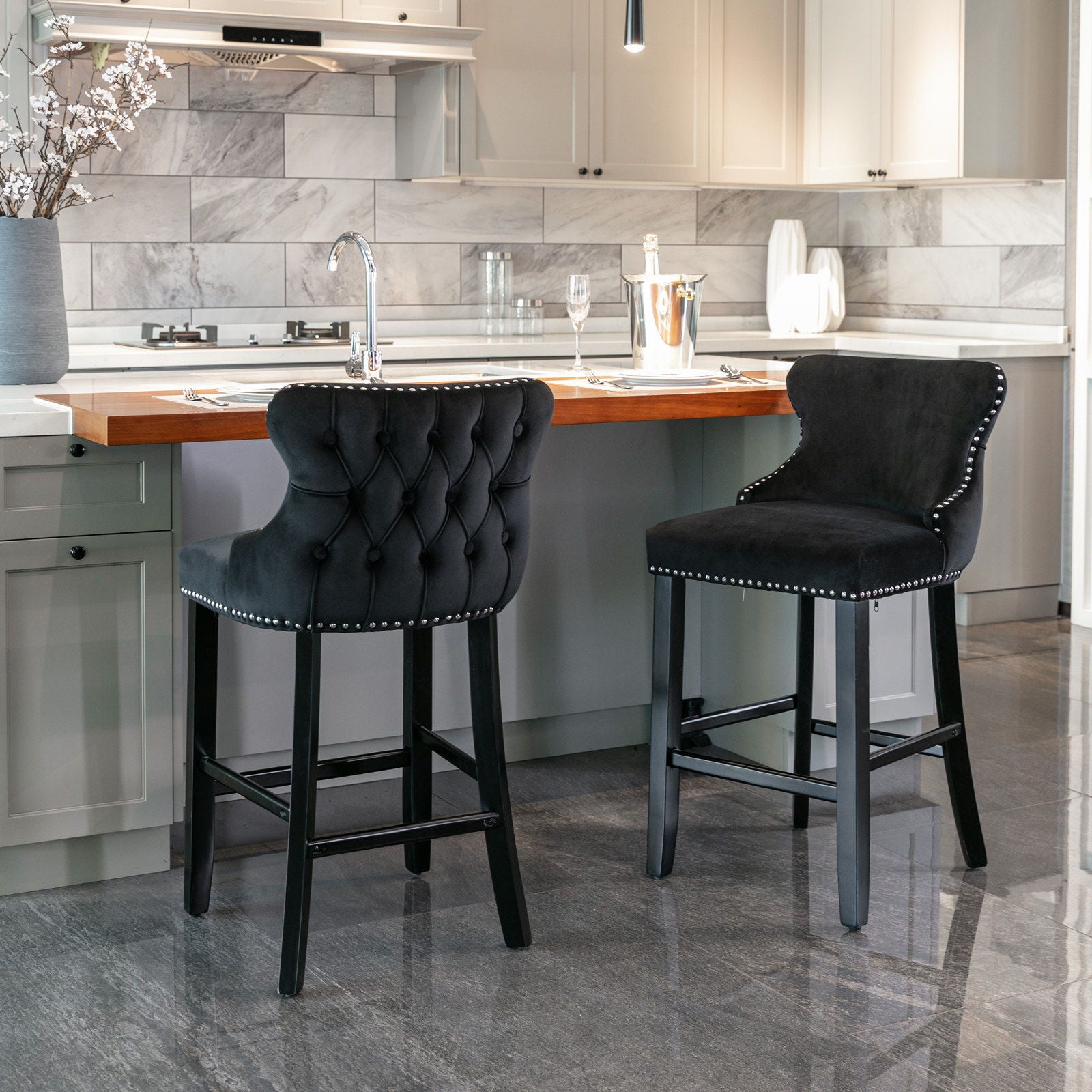 Contemporary Upholstered Wing-Back Barstools With Button Tufted Decoration And Wooden Legs, And Nailhead Trim, Leisure Style Bar Chairs, Bar Stools (Set of 2)