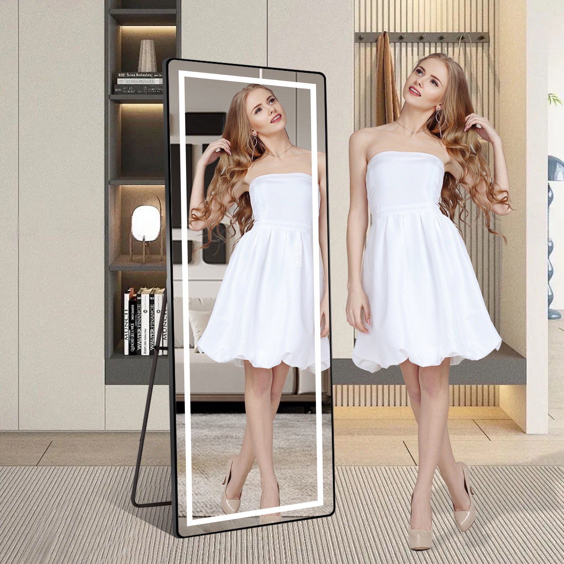 Full-Length Vertical Mirror With LED Light, Dimming Wall Mirror With Frame