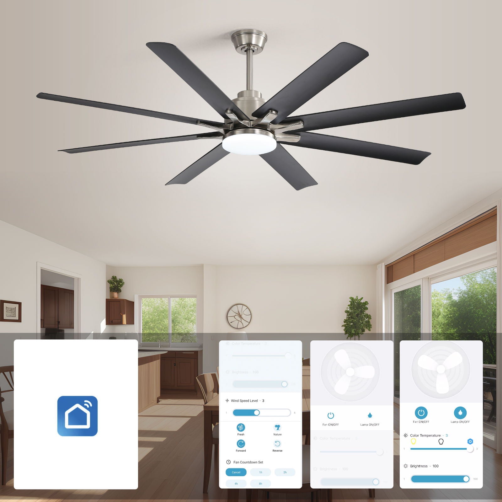 Ceiling Fan With Dimmable LED Light, 8 Blades, Reversible DC Motor, Remote Control