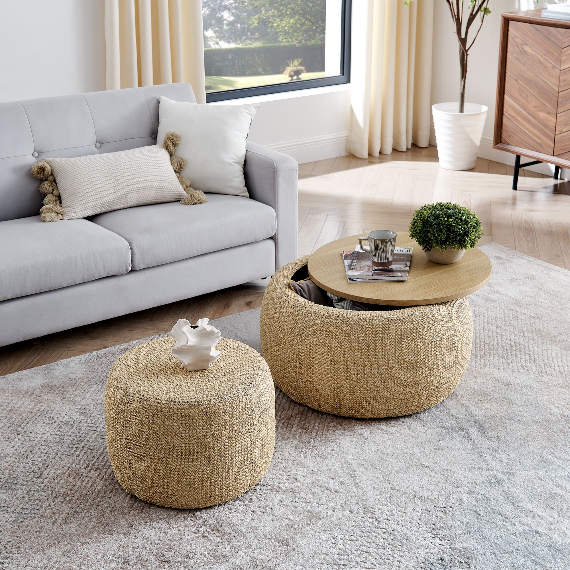 Round Storage Ottoman, 2 In 1 Function, End Table And Ottoman