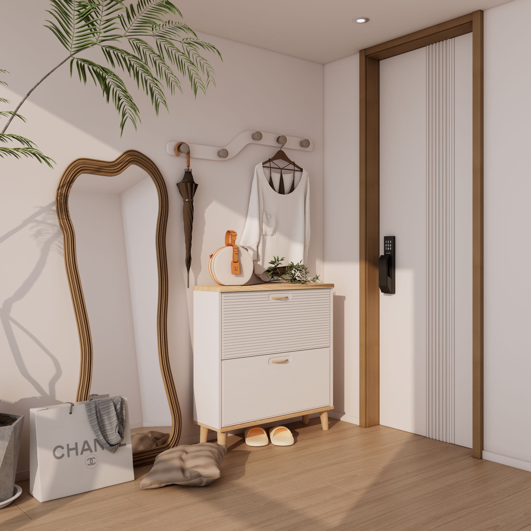 Narrow - Entryway Shoe Storage Cabinet With 2 Flip Drawers Legs - Natural / White