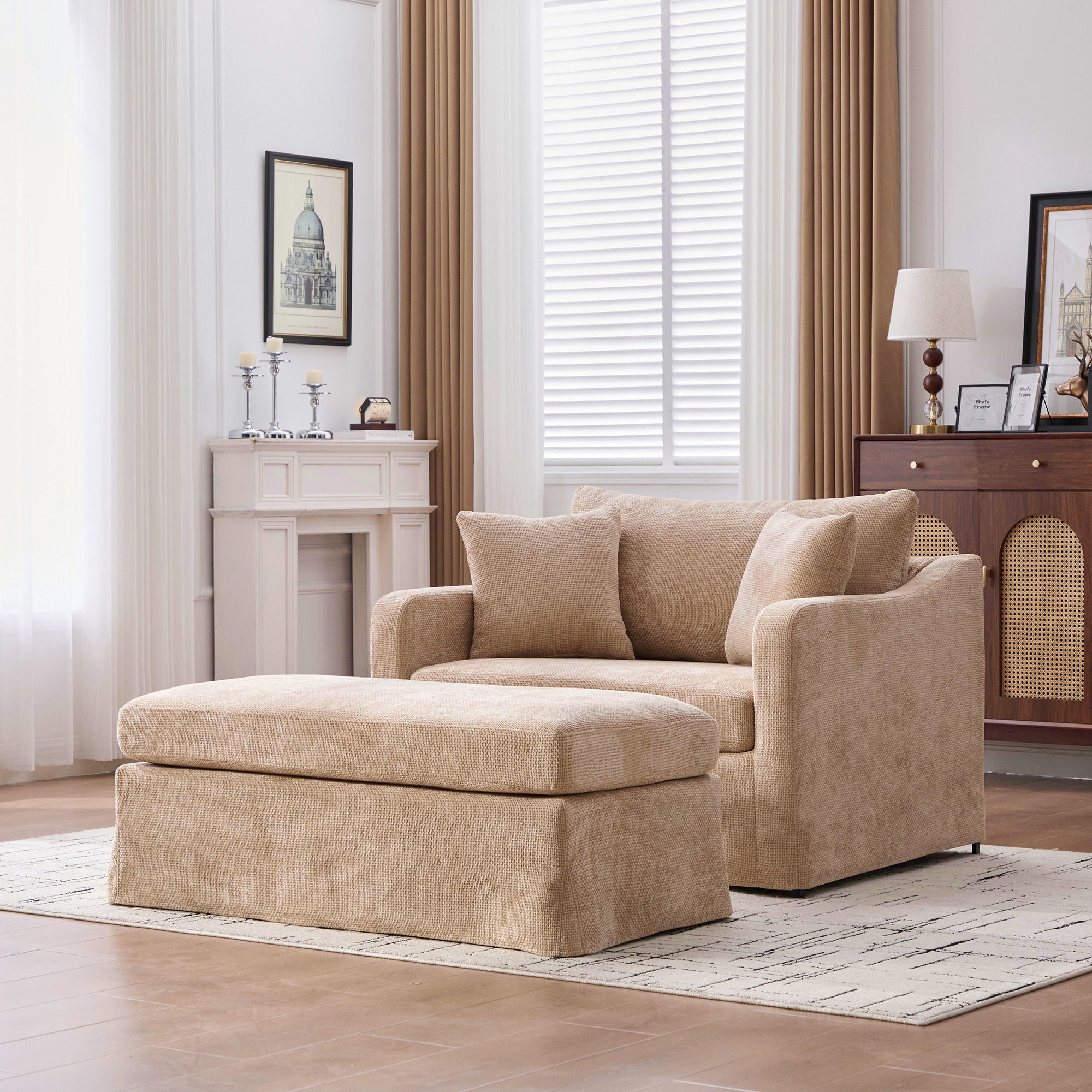 Accent Chair With Ottoman, Includes 2 Bolster Pillows