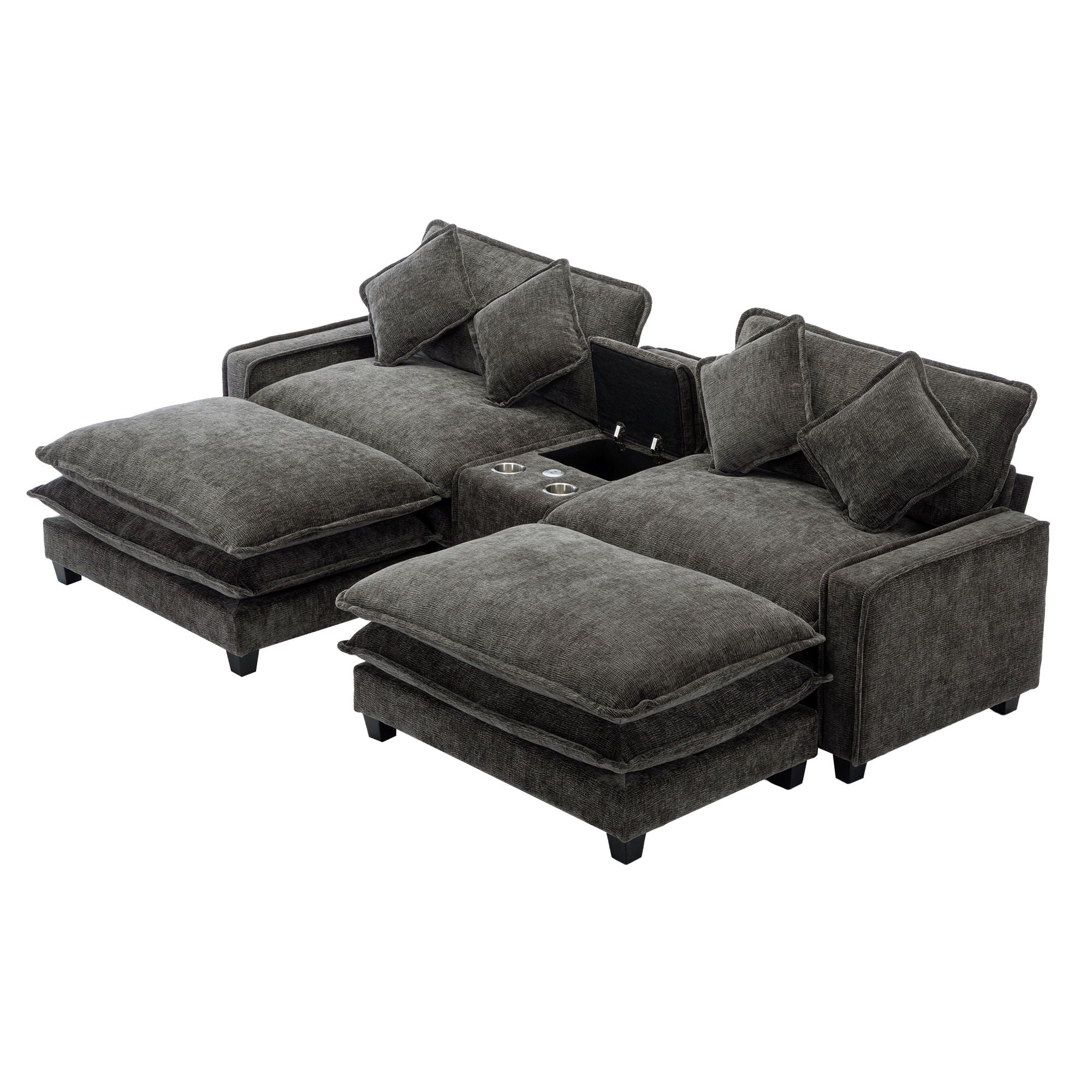 Modern Sectional Sofa With Removable Ottomans, USB Ports
