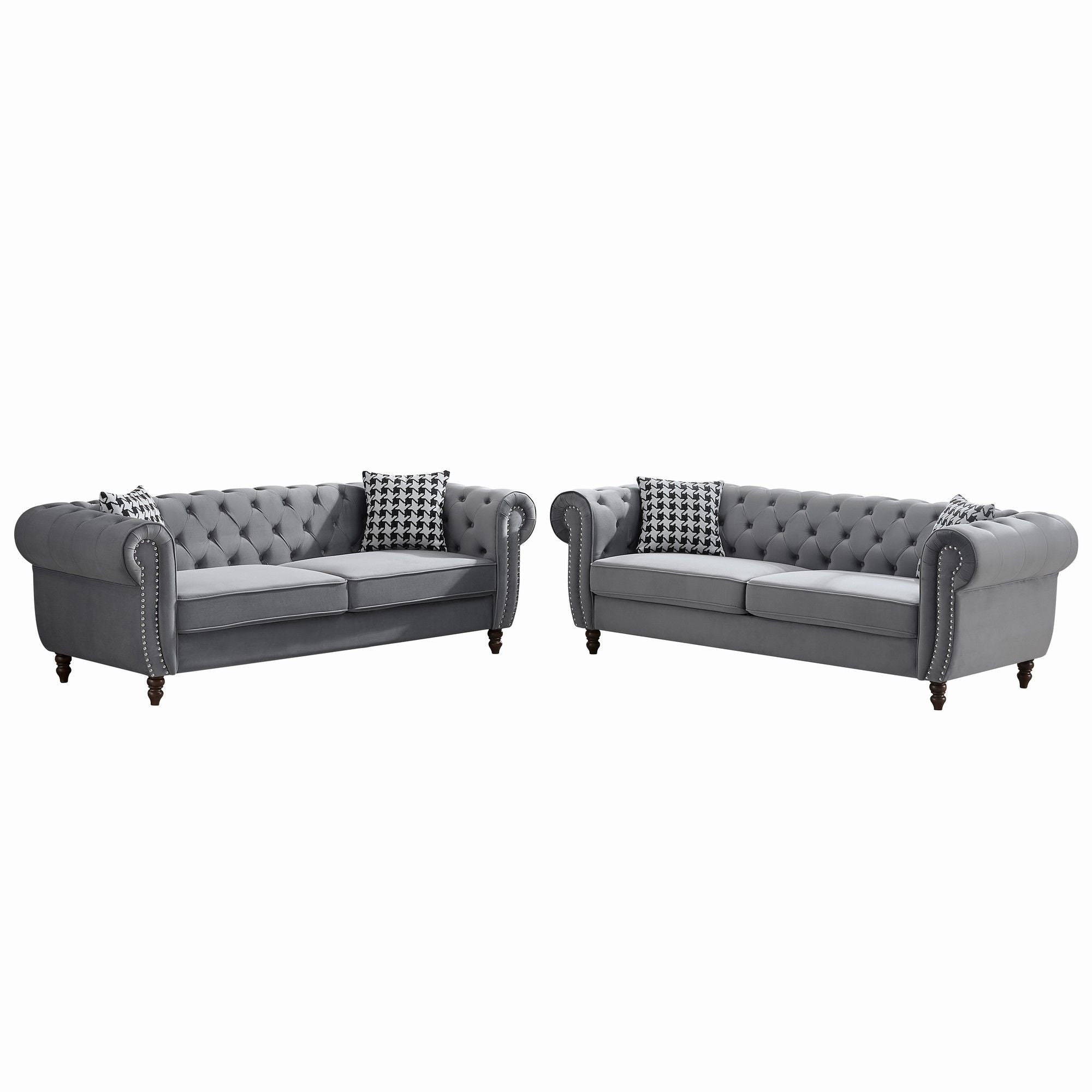 Chesterfield Upholstery Fabric Sofa With Roll Armrest & Nailhead, Mid Century Modern 3 And 3 Seater Couch