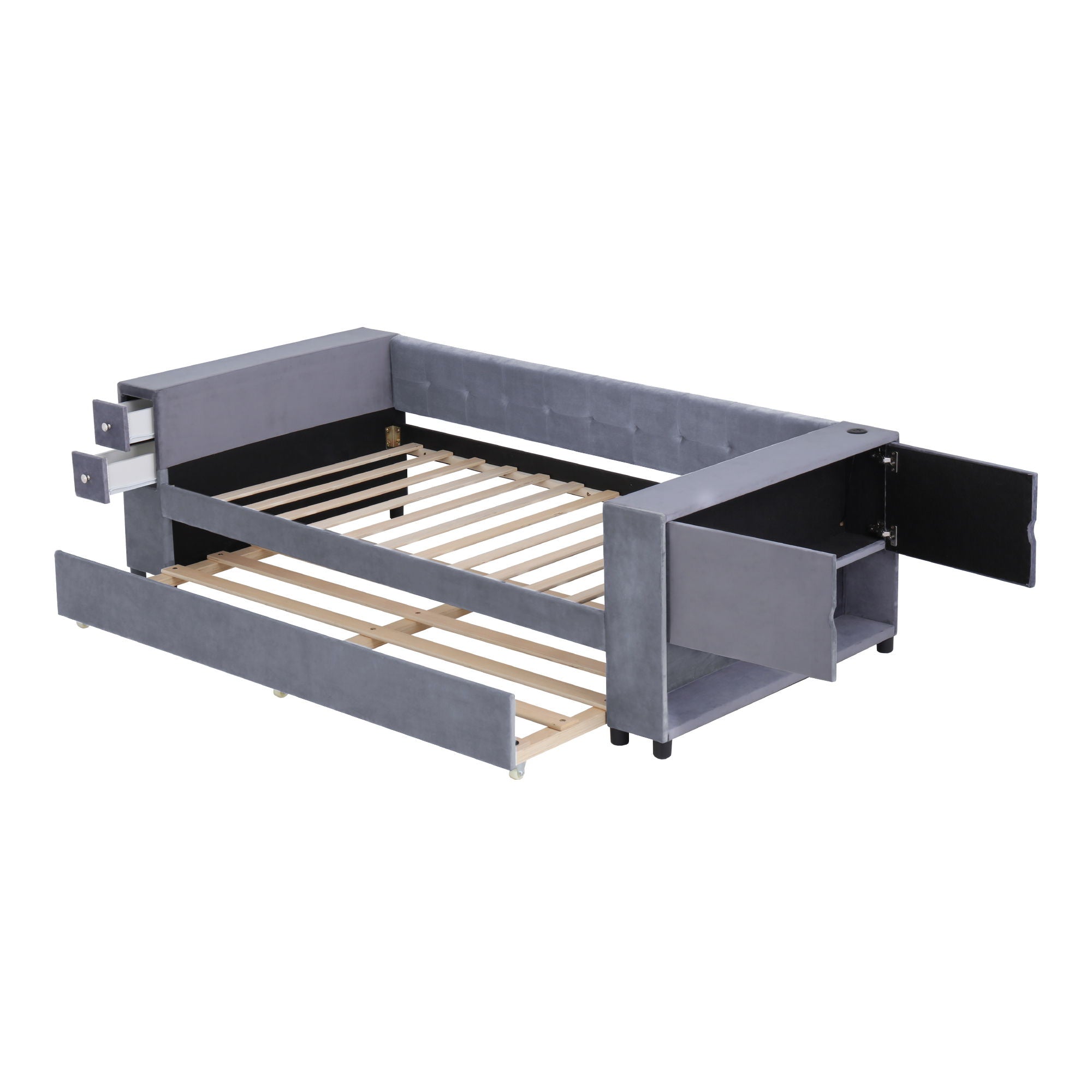 Upholstered Bed With Storage And Twin Trundle, USB Charging Ports