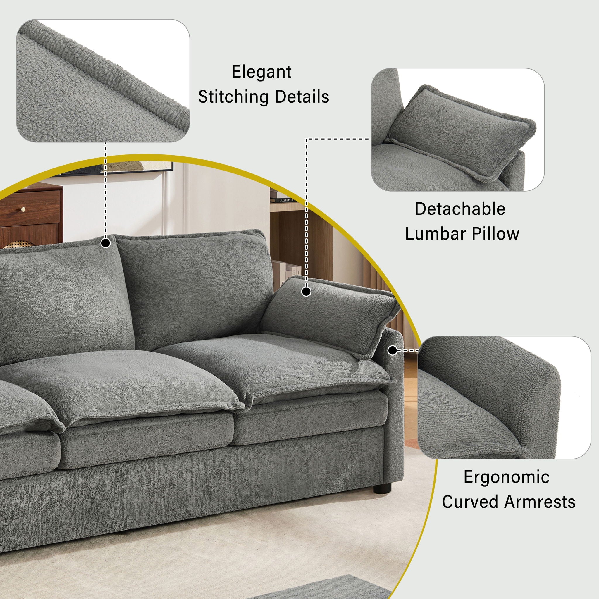 Modern 3 Seater Sofa With Side Storage Pockets For Living Room